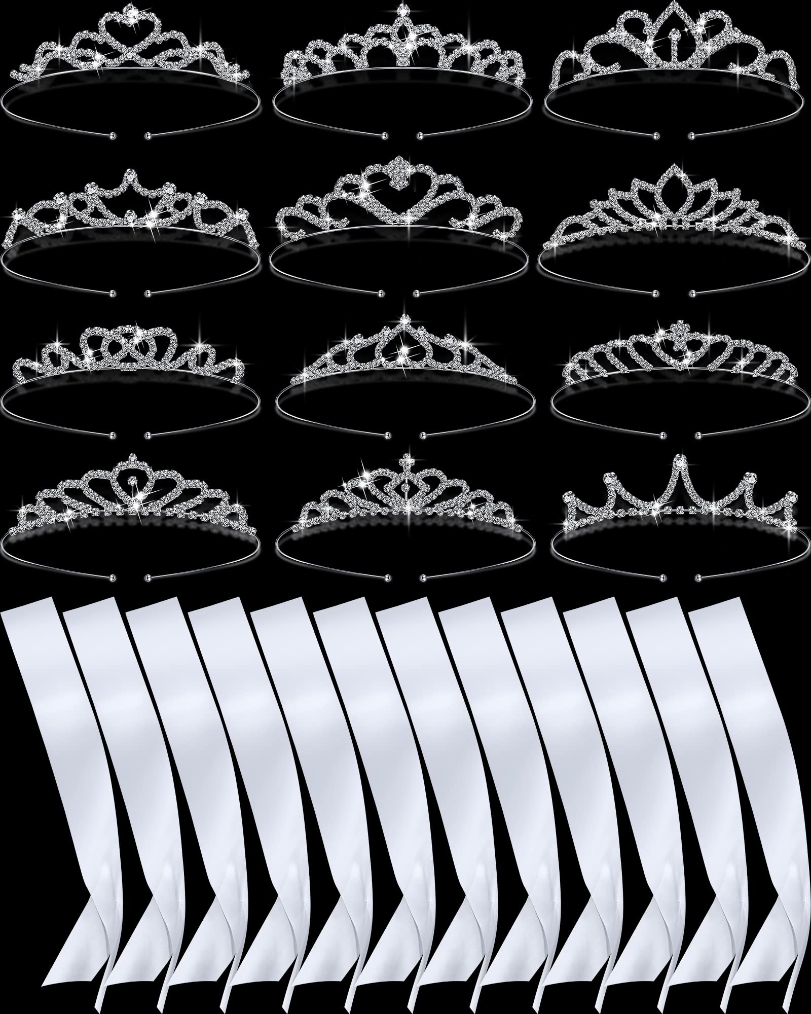 12-Piece Crown and Sash Set - Rhinestone Prom Queen Tiara with Blank White Satin Sashes for DIY Pageant, Birthday, Wedding & Prom Party Supplies | Perfect for Beauty Contests, Royal-Themed Events & Costume Parties