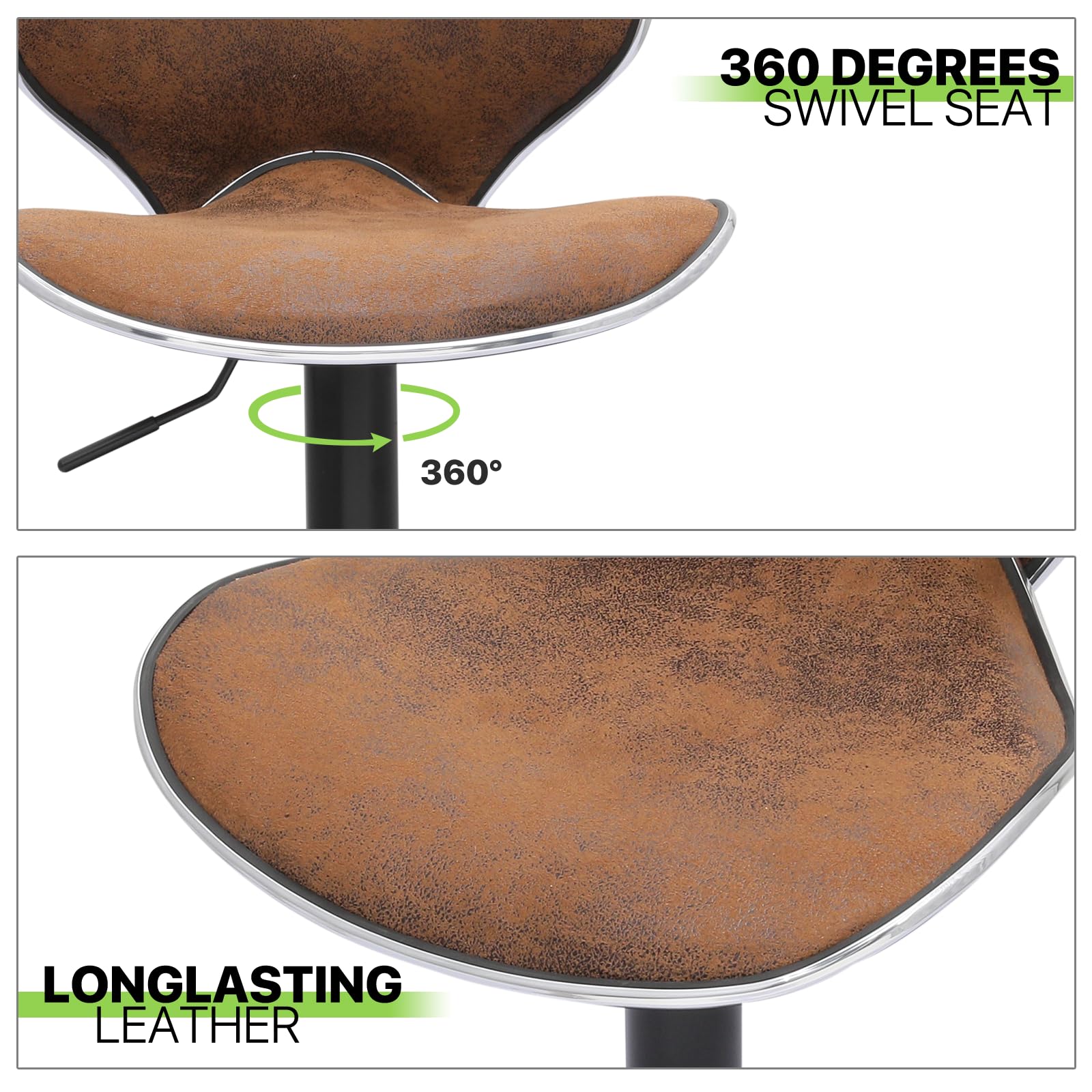 Premium Adjustable Swivel Bar Stools Set of 2 - Modern PU Leather Counter Height Stools with Backrest & Footrest for Kitchen, Bar & Dining Room - Coffee Brown - Perfect for Home Bars, Breakfast Nooks & Entertainment Areas
