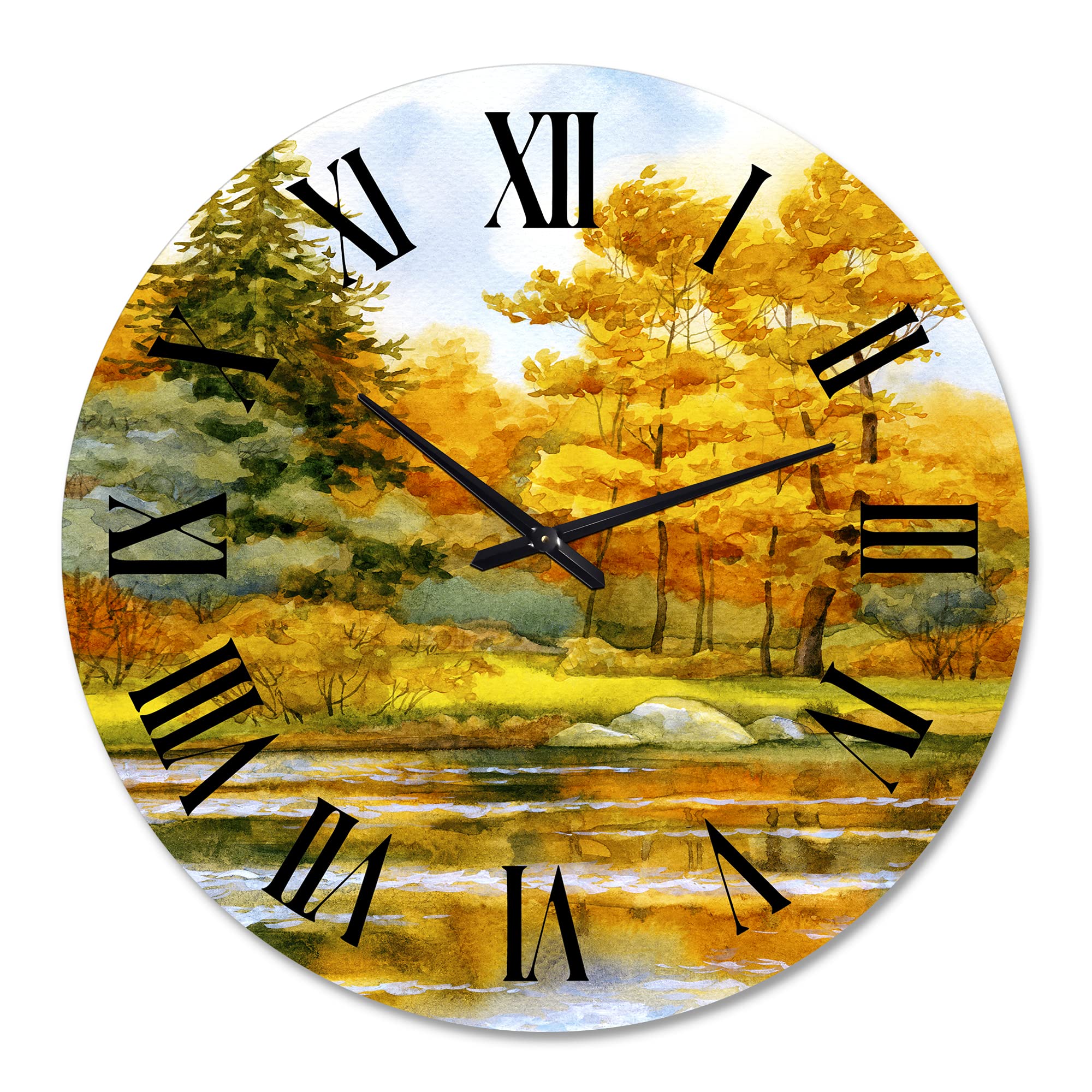 Lake House Wall Clock - 'Autumnal Forest by The Lake Side II' Large Landscape Nature Wall Clock for Home & Office Decor | Perfect for Living Room, Bedroom, Cabin, or Lake House