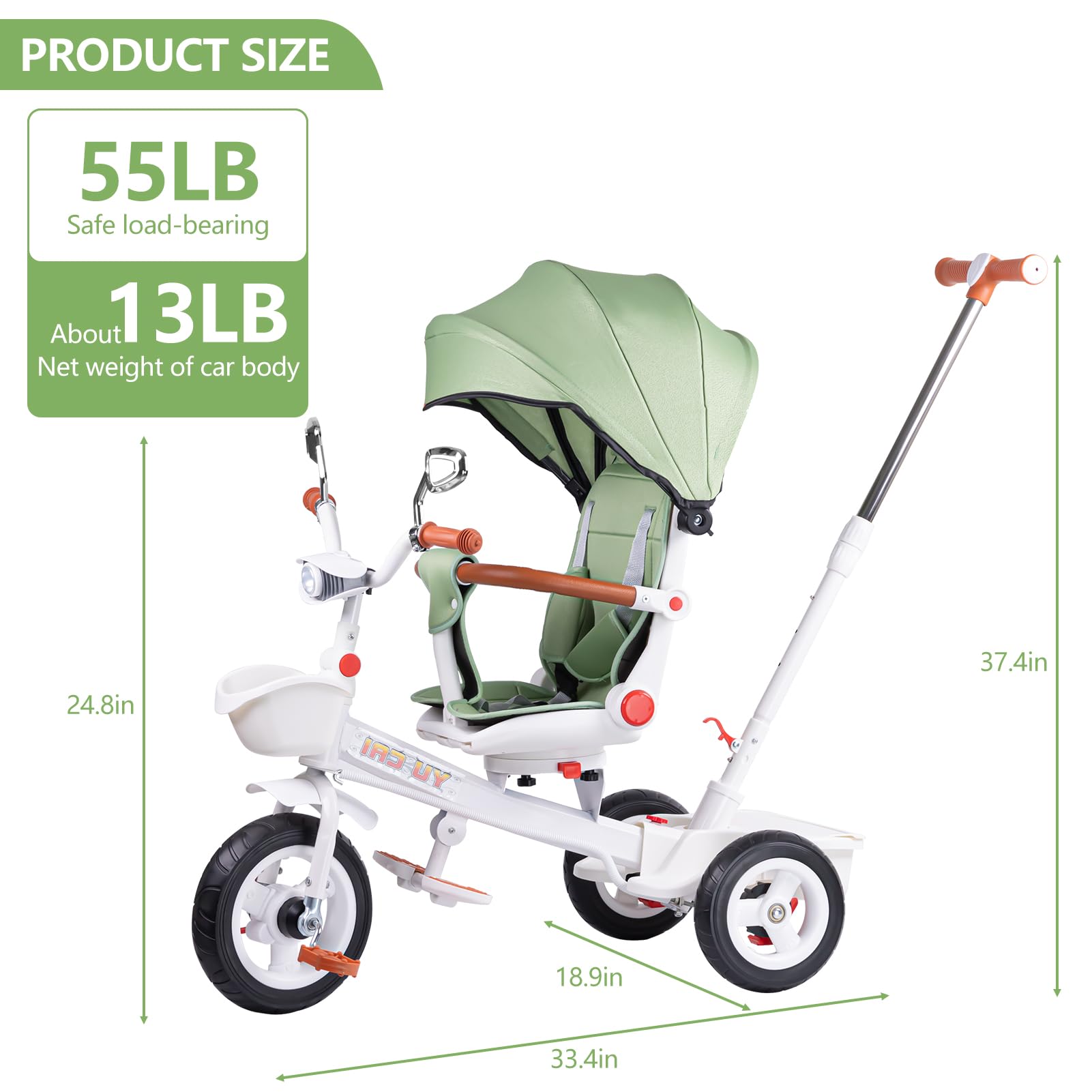 Adjustable Baby Tricycle for Toddlers 18 Months to 5 Years - 6-in-1 Kids Bike with Push Handle, Safety Guardrail & Rotating Seat - Perfect Outdoor Ride-On Toy Gift for Boys & Girls - Great for Park Rides, Backyard Play & Learning Balance