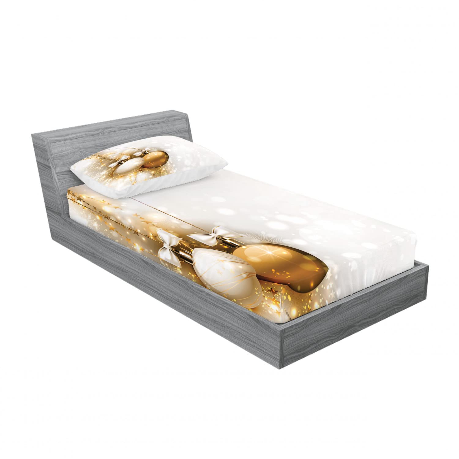 Ambesonne 2-Piece Christmas Fitted Sheet & Pillow Sham Set - New Year's Ribbon Design - Twin Size White & Beige Bedding Decor (Includes 2 Fitted Sheets & 2 Pillow Covers) - Perfect for Holiday Guest Rooms, Winter Bedroom Decor & Seasonal Home Styling