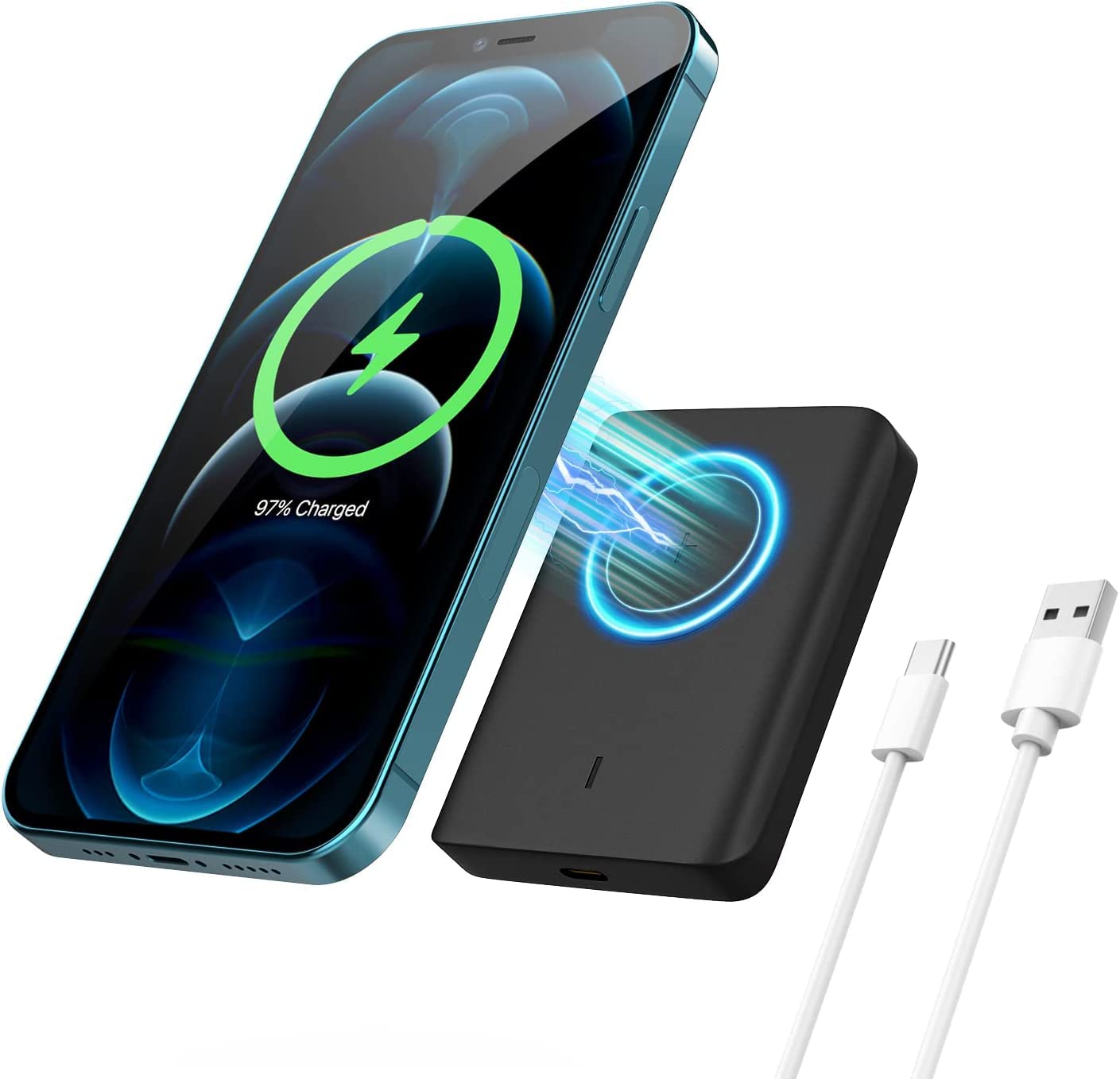 MoKo Magnetic Wireless Charger for iPhone 13/12 Pro Max/Mini - Fast 15W Qi-Certified Charging Pad with Foldable Stand | USB-C Cable Included | Perfect for Home, Office & Travel (Black)