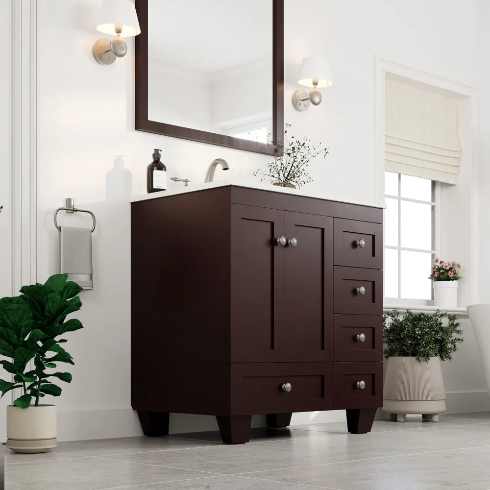 Eviva Acclaim 30 Inch Bathroom Vanity with Carrara Quartz Countertop - Modern White Bathroom Sink Cabinet for Small Spaces, Perfect for Powder Rooms and Guest Bathrooms