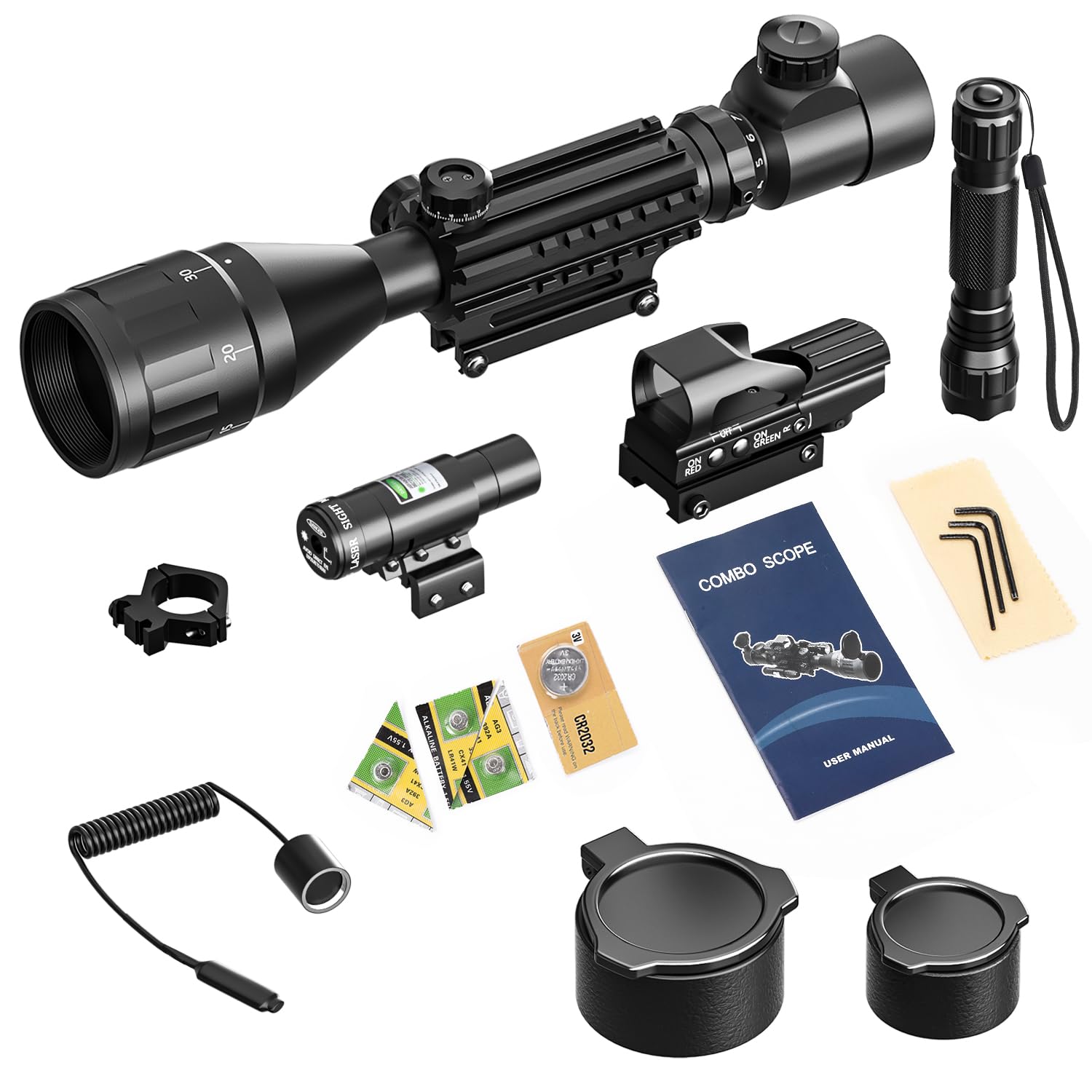 4-16x50 AO Rifle Scope Combo with Red/Green Dual Illuminated Optics, Tail Switch Green Laser Sight & 4 Reticle Red/Green Dot Sight - Includes Rail Mount & 5 Mode Flashlight for Hunting, Tactical Shooting and Outdoor Adventures
