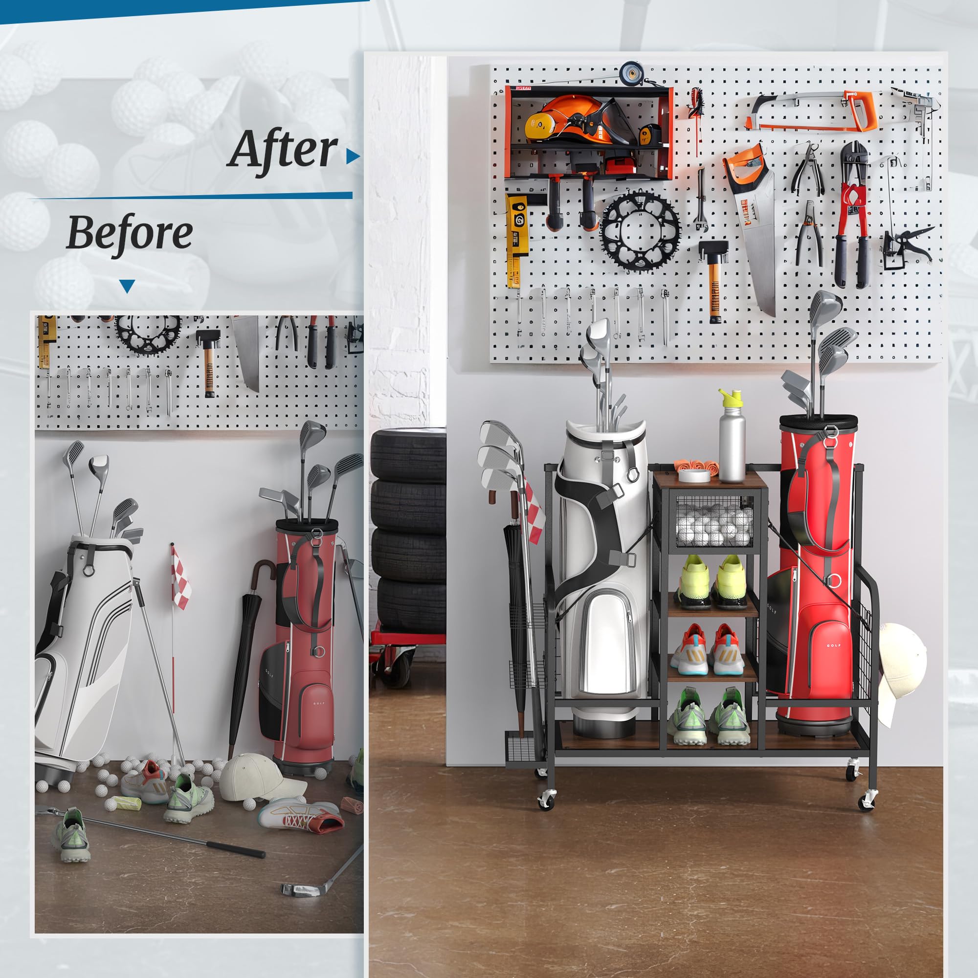 Premium Golf Bag Organizer with Wheels - Heavy Duty Golf Storage Rack for Garage, Fits Golf Bags, Clubs & Accessories - Perfect for Home, Clubhouse & Driving Range Organization