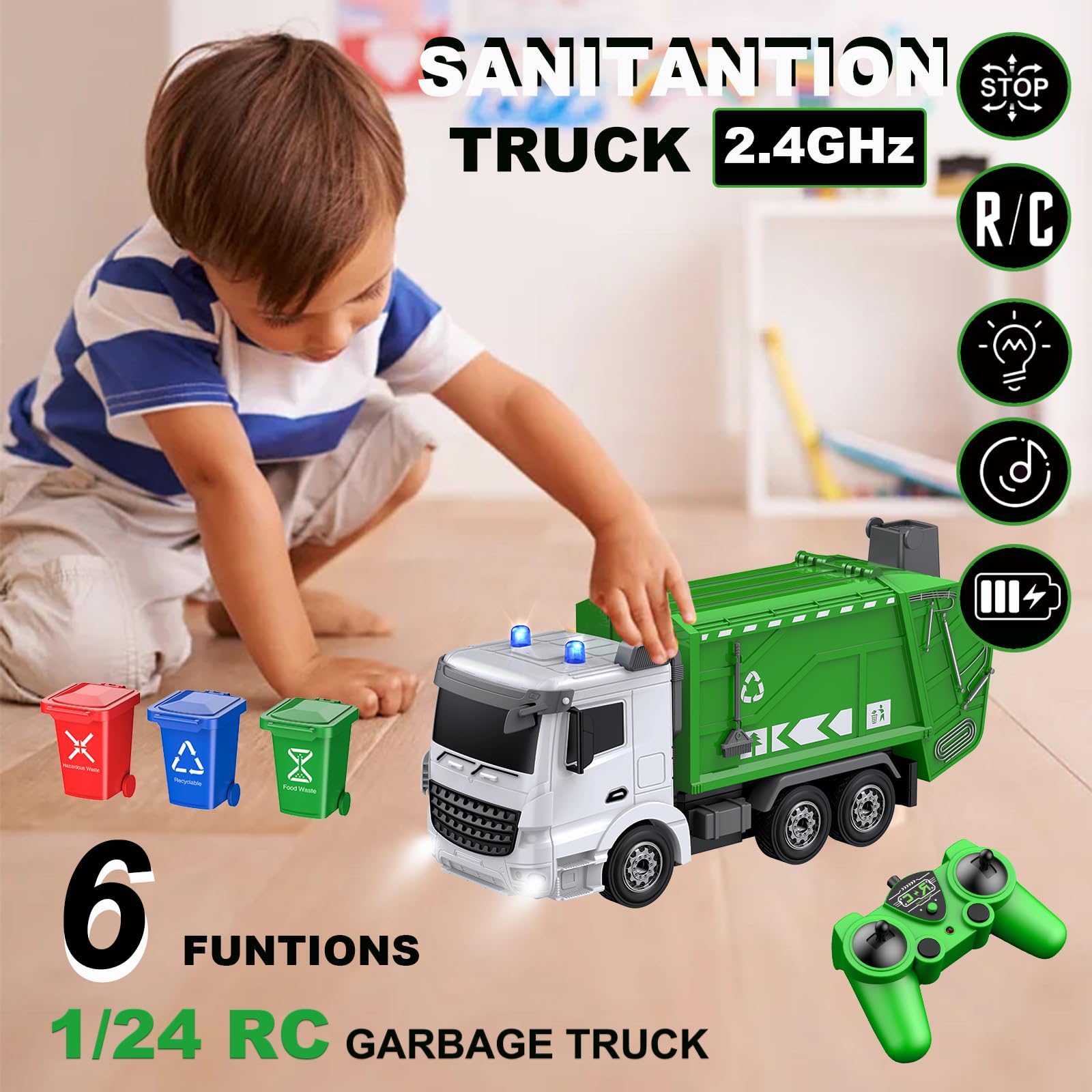 2.4GHz Remote Control Garbage Truck Toy with 4 Trash Cans & 6-Channel RC - Includes 100pcs Waste Sorting Cards - Educational Recycling Vehicle for Kids Ages 3+ - Perfect for Pretend Play, Waste Management Learning & STEM Education