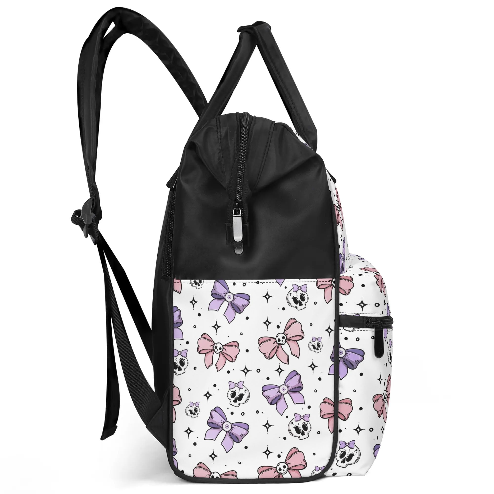 Stylish Cute Bows and Skulls Print Large Capacity Diaper Backpack - Waterproof Baby Bag for Moms with Multiple Pockets | Perfect for Travel, Daycare, and On-the-Go Parenting