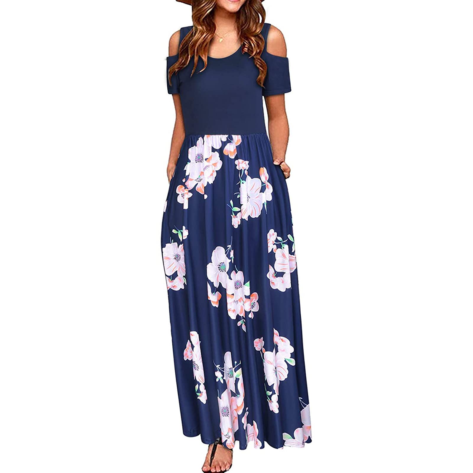 GERsome Women's Summer Casual Loose High Waist Cold Shoulder Swing Long Maxi Dress - Striped Floral Print with Pockets | Beach Vacation, Date Night, Outdoor Party Outfit