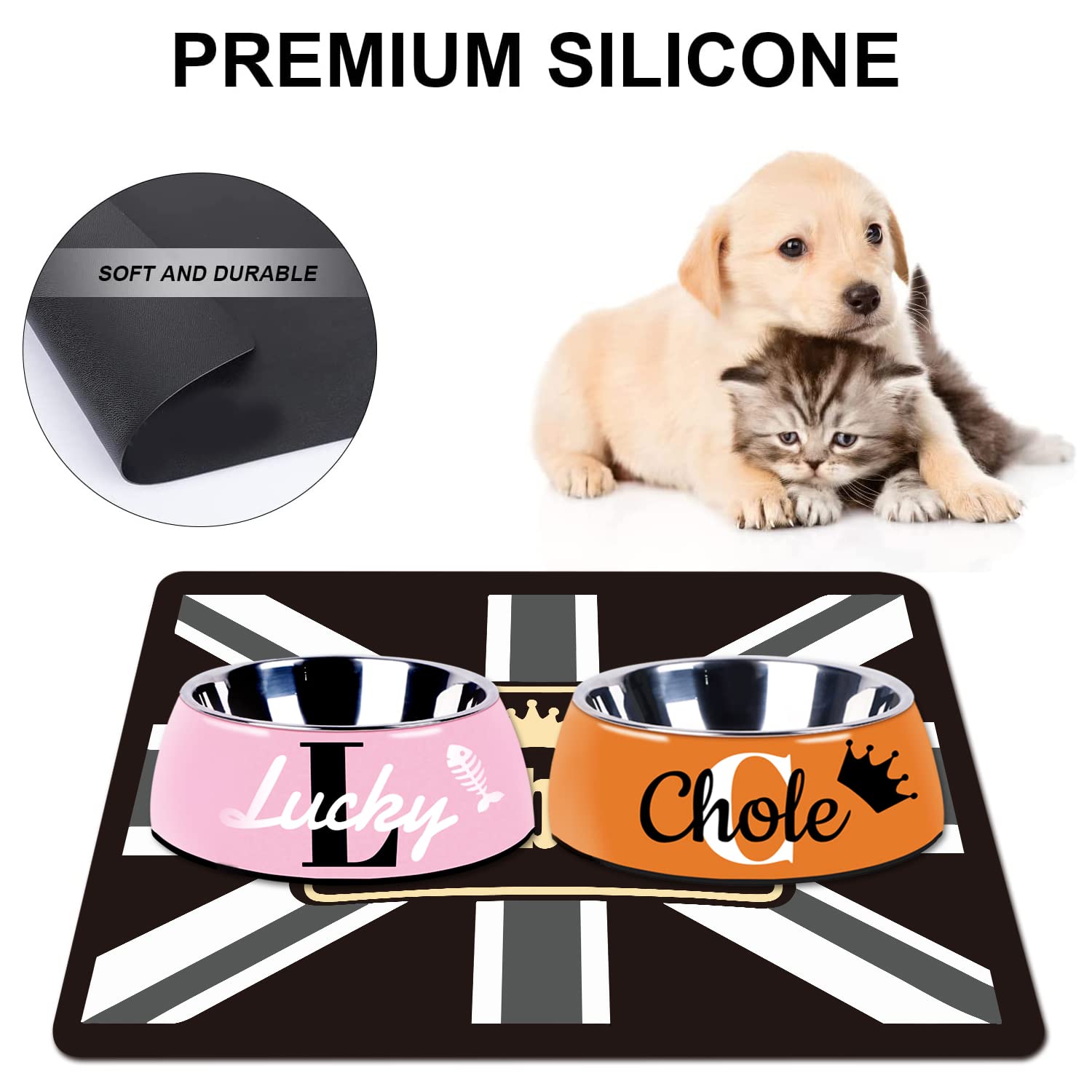 Custom Non-Slip Waterproof Pet Food Mat - Personalized Dog & Cat Feeding Mat with PU Base, Black & Gold Design - Perfect for Kitchen Floors, Feeding Areas & Messy Eaters (England, Size A2)