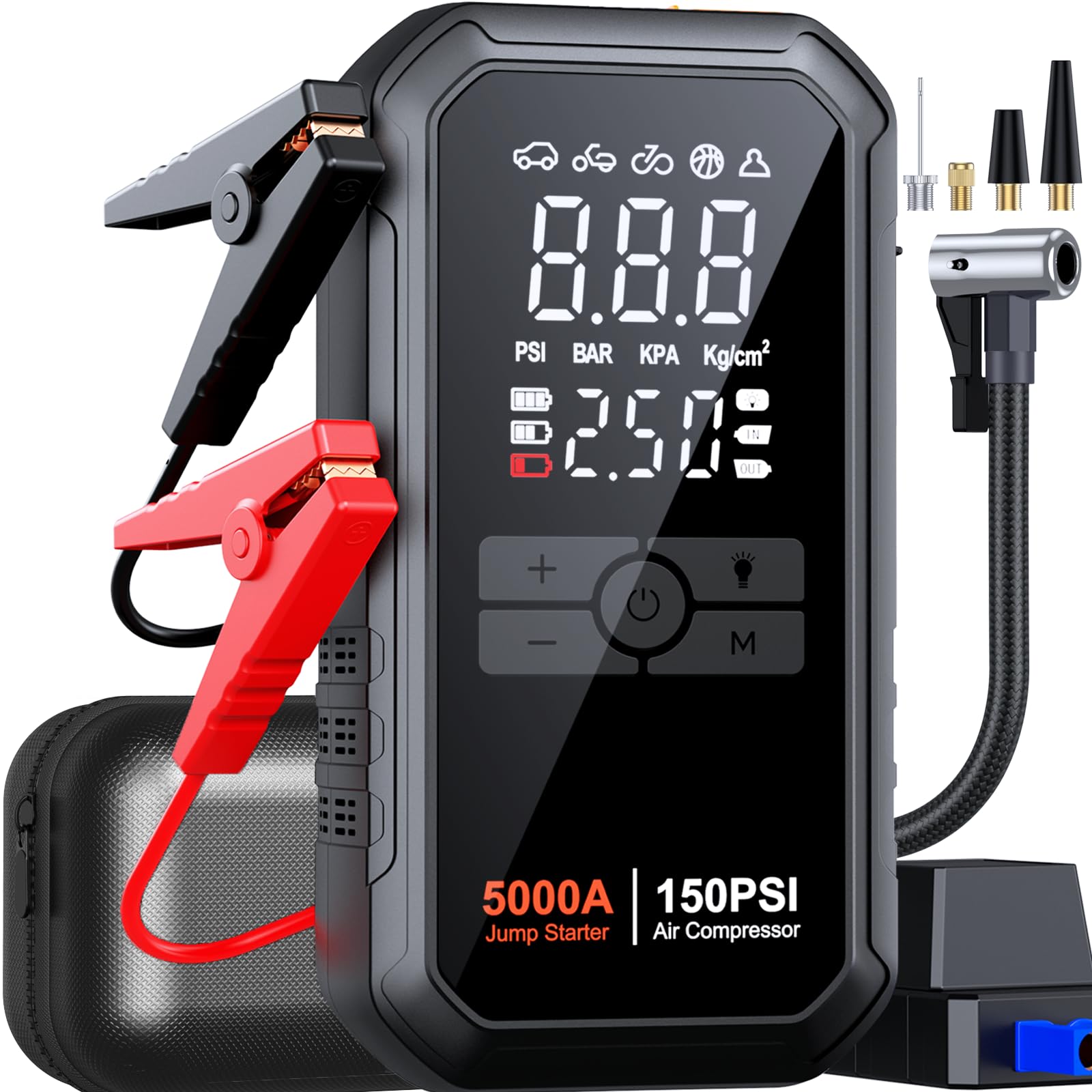 5000A 150PSI Car Battery Jump Starter with Air Compressor - Portable Power Pack for All Gas & 10L Diesel Vehicles - LCD Display & LED Light - Emergency Roadside Assistance & Camping Power Supply