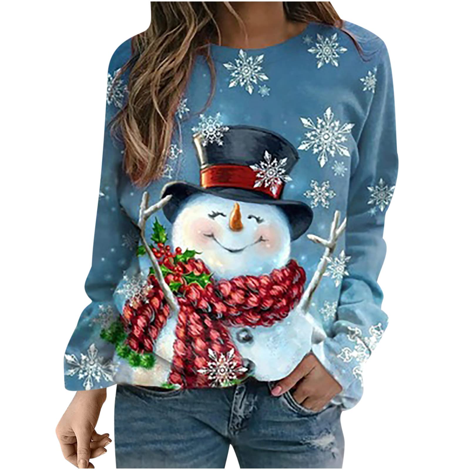 Women's Christmas Printed Long Sleeve T-Shirt - Cute Holiday Crewneck Pullover Sweatshirt - Loose Fit Casual Comfy Top for Xmas Party, Gift Exchange & Winter Outfits