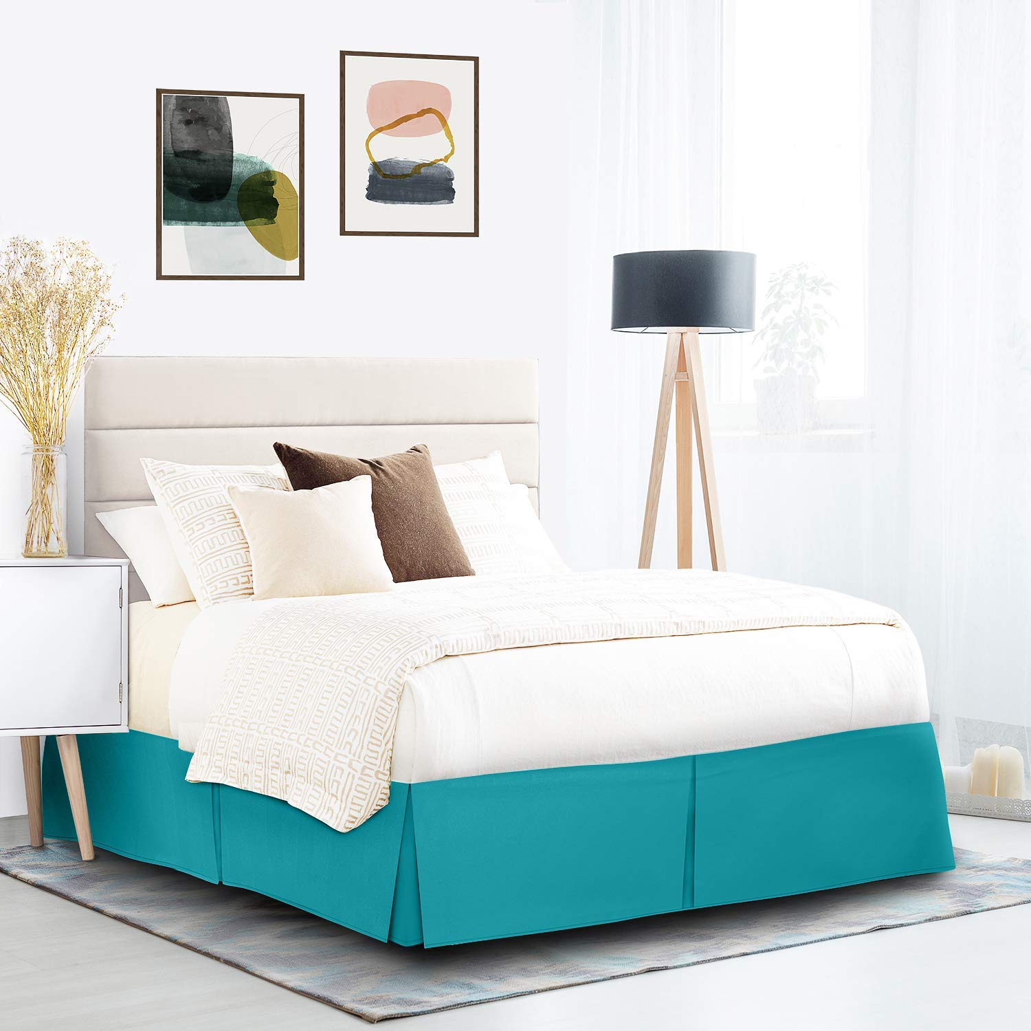Twin Bed Skirt - Teal Pleated Wrap Around Bed Skirt, 18 Inch Easy Fit Dust Ruffle, Premium Soft Double Brushed Cotton Luxury Bedding, Hotel Quality Bed Skirt for Guest Rooms & Master Bedrooms