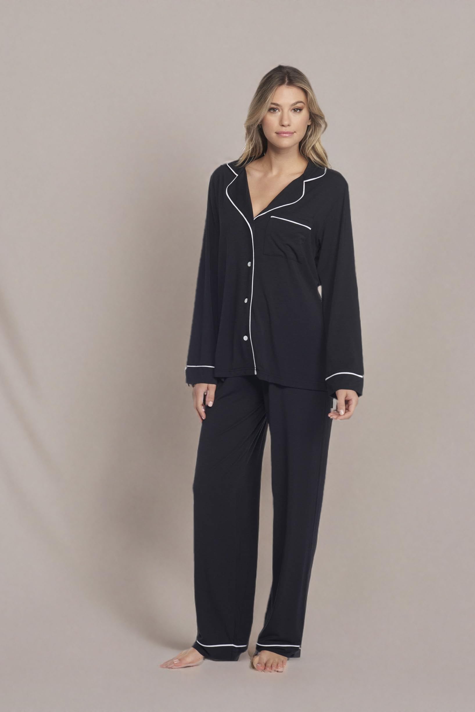 Barefoot Dreams Women's Cozy Luxe Milk Jersey Piped Pajama Set - Soft Sleepwear for Relaxing at Home & Lounging