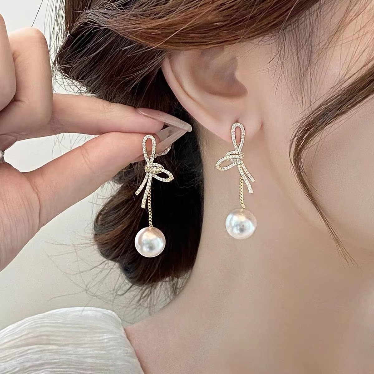 Elegant Bow Pearl Earrings for Women - 14K Gold Plated Crystal Bowknot Dangle Drop Earrings, Dainty Statement Jewelry Gift for Her - Perfect for Weddings, Parties & Special Occasions