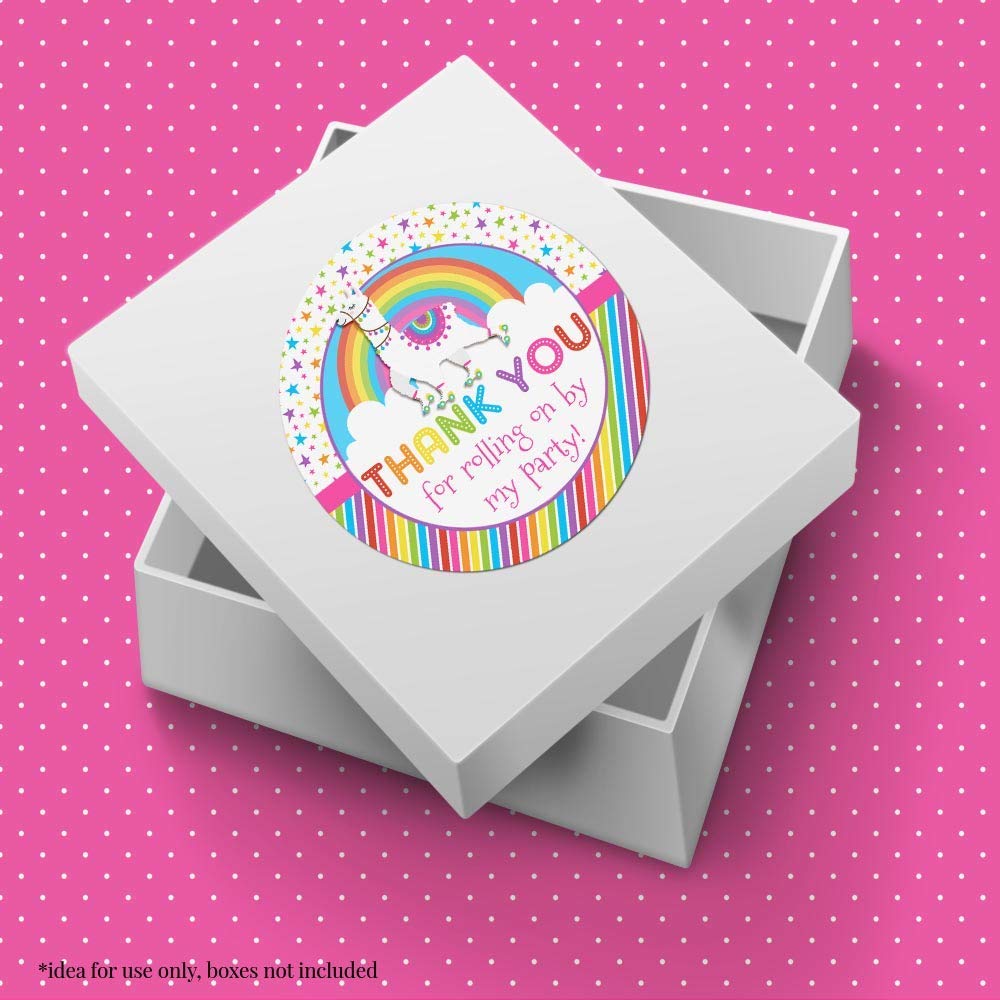 Colorful Rainbow Llama Roller Skating Thank You Stickers for Kids - 40 Pack 2 Inch Round Party Labels by AmandaCreation - Perfect for Birthday Favors, Envelope Seals, Goodie Bags & Scrapbooking