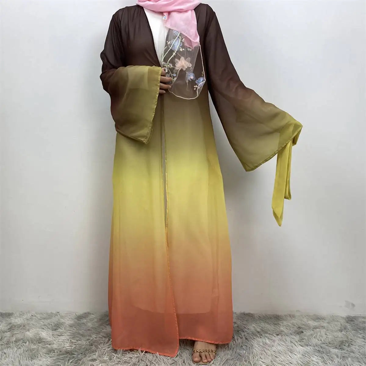 Gradient Color Chiffon Muslim Women's Cardigan Open Abaya Dress - Elegant Prayer Dress for Hijab Fashion & Special Occasions