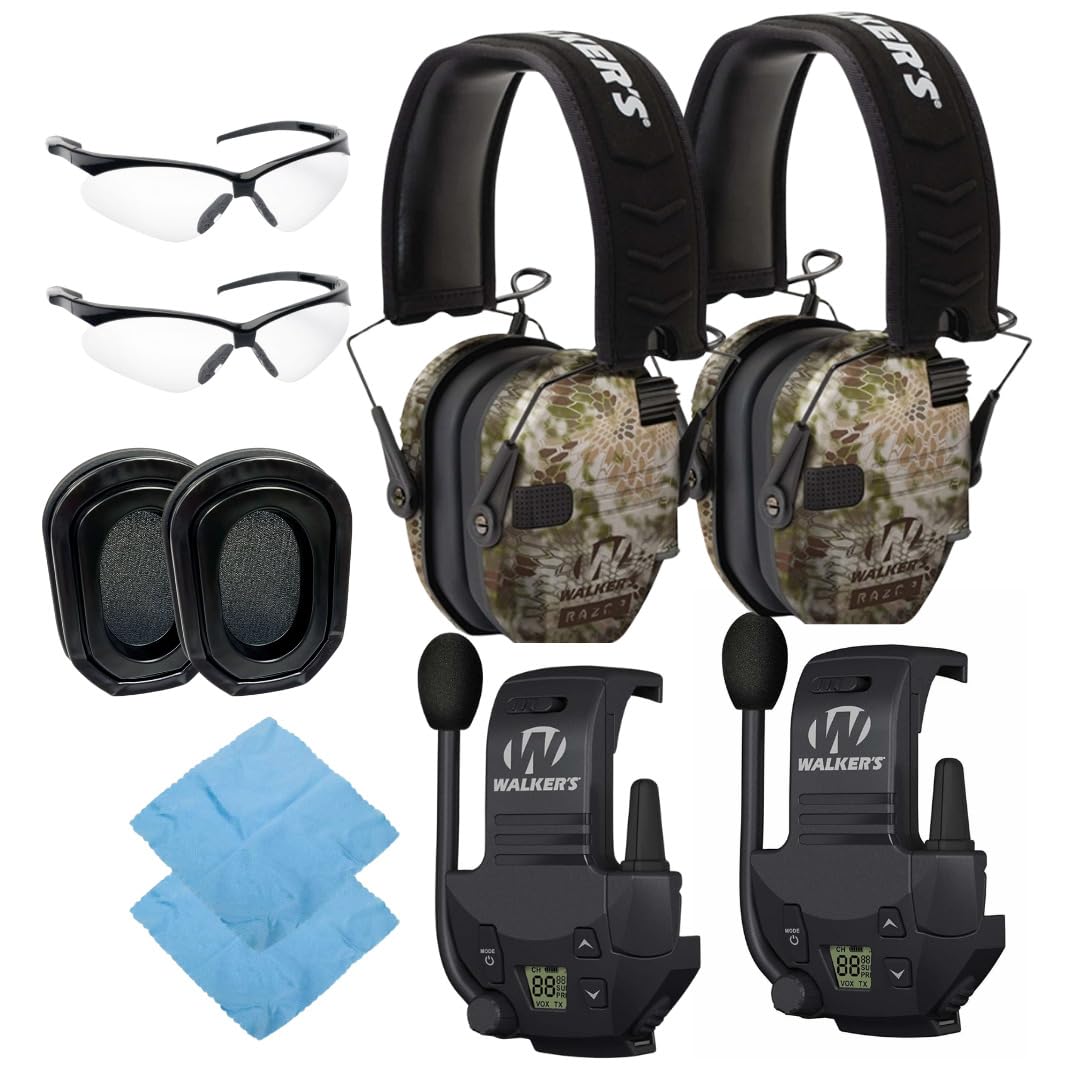 Walker's Razor Slim Electronic Shooting Earmuffs 2-Pack - Noise Canceling Hearing Protection with Walkie Talkie & OTG Glasses - Perfect for Hunting, Shooting Range, and Outdoor Activities