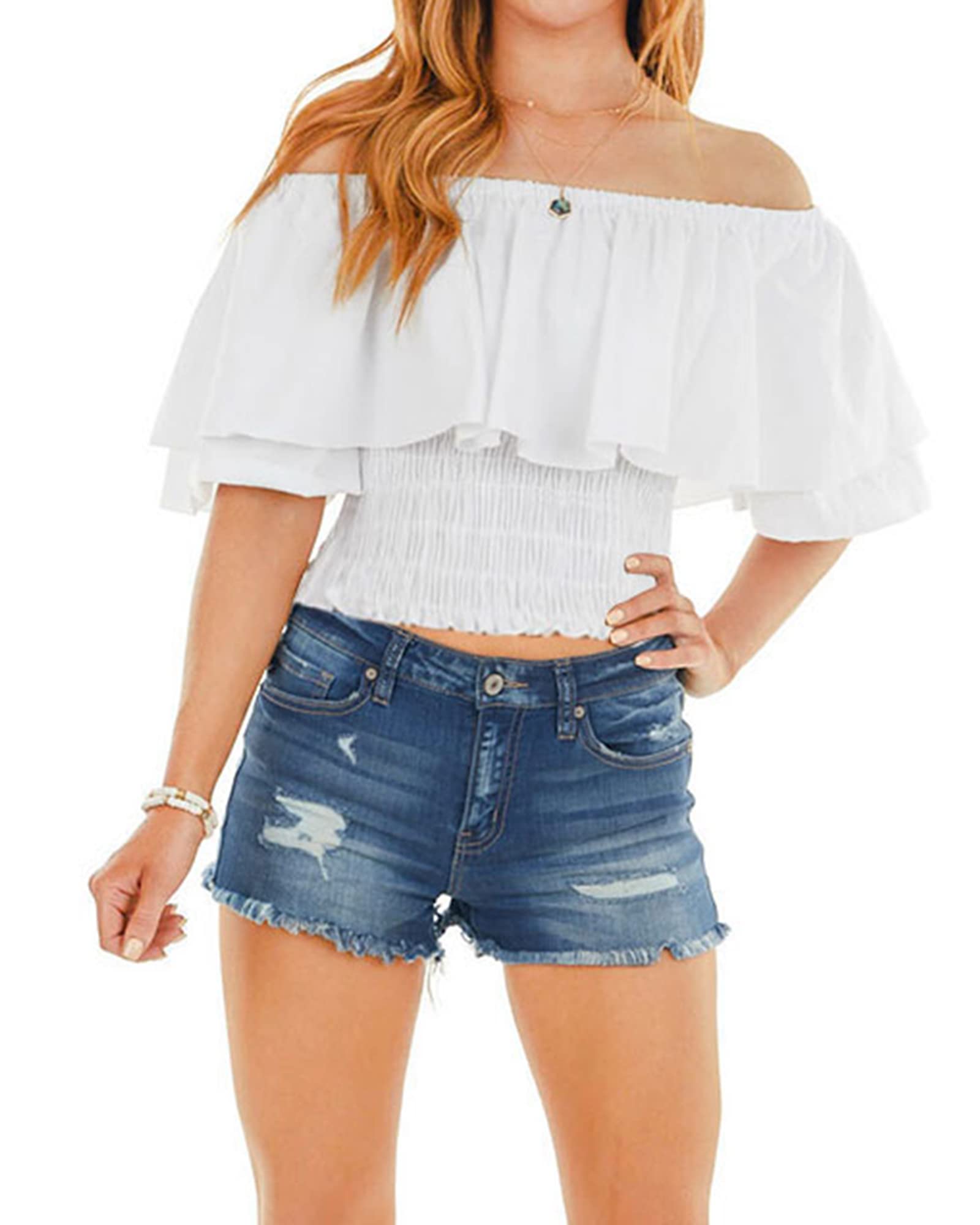 HibluCo Women's Off Shoulder Ruffled Crop Top - Smocked Waist Blouse for Summer | Casual Beach Wear, Date Night Outfit, Vacation Style