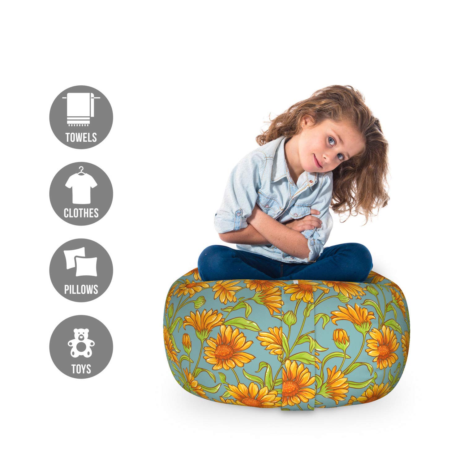 Ambesonne Floral Toy Storage Bag Chair - Cartoonish Calendula Flower Pattern, Washable Stuffed Animal Organizer, Small Size in Pale Teal & Orange | Kids' Room Decor, Playroom Storage Solution, Nursery Organization
