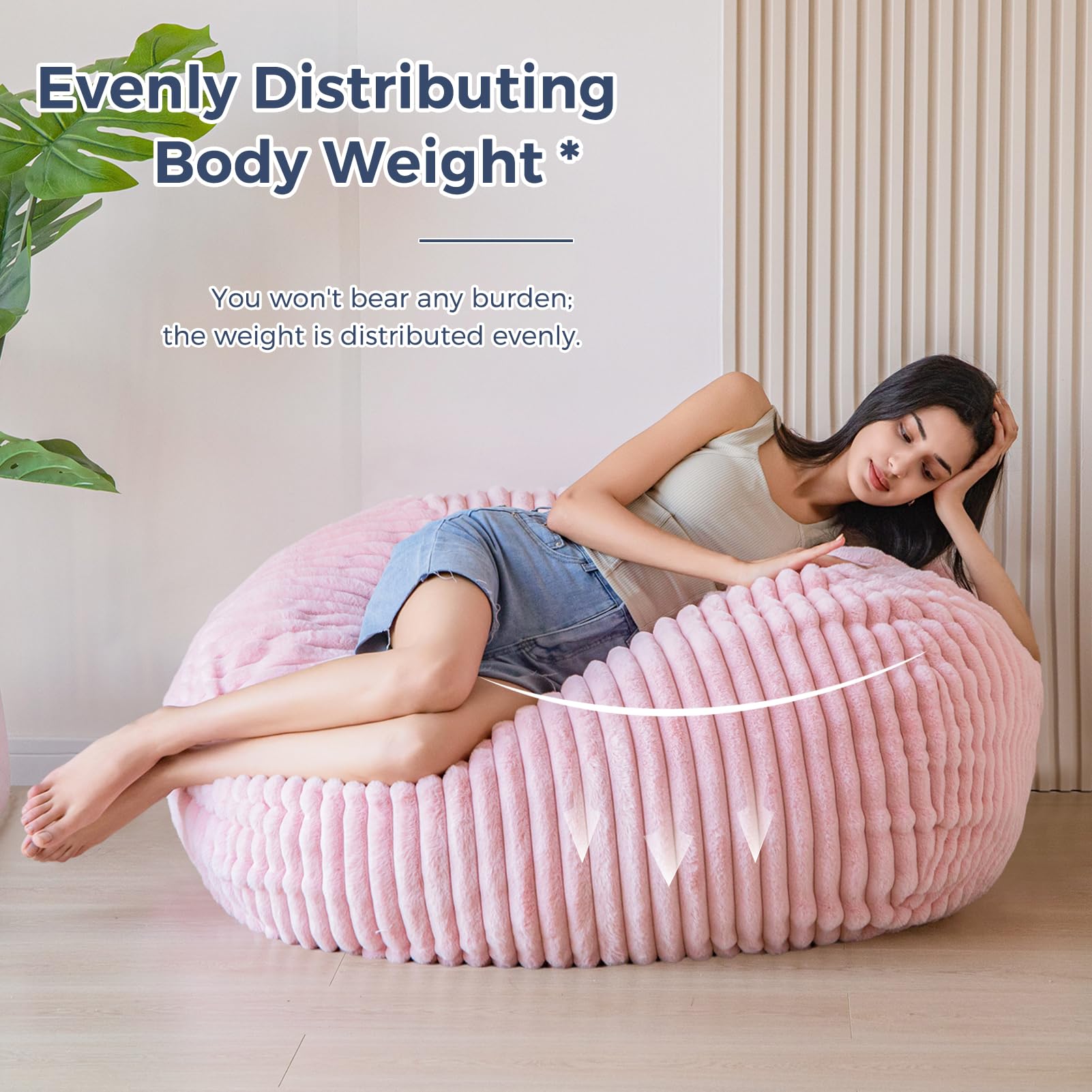 MAXYOYO 3ft Faux Fur Bean Bag Chair for Adults - Soft Striped Lazy Sofa for Living Room, Bedroom & Dorm (Pink) - Perfect for Relaxing, Gaming & Movie Nights