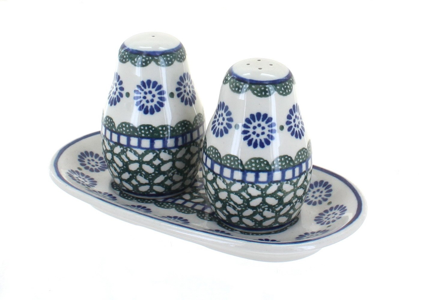 Blue Rose Polish Pottery Maia Salt & Pepper Shakers Set with Tray - Handmade Ceramic Spice Shakers for Kitchen, Dining Table & Gift Giving