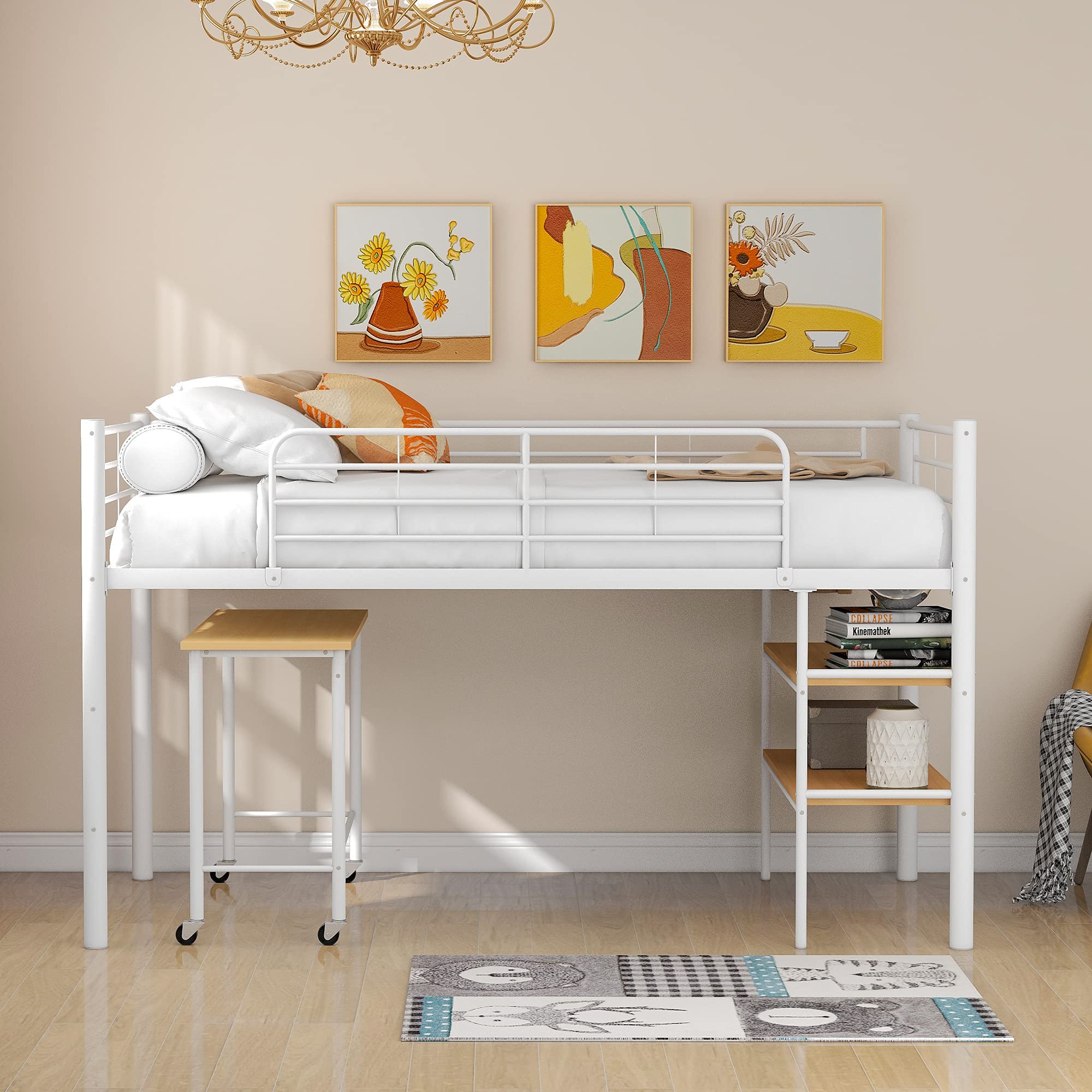 Polibi Twin Size Metal Loft Bed with Rolling Desk & Shelves - Space Saving Multi-Functional Study Loft Bed for Small Rooms (White) | Perfect for Kids, Teens & College Dorm Rooms