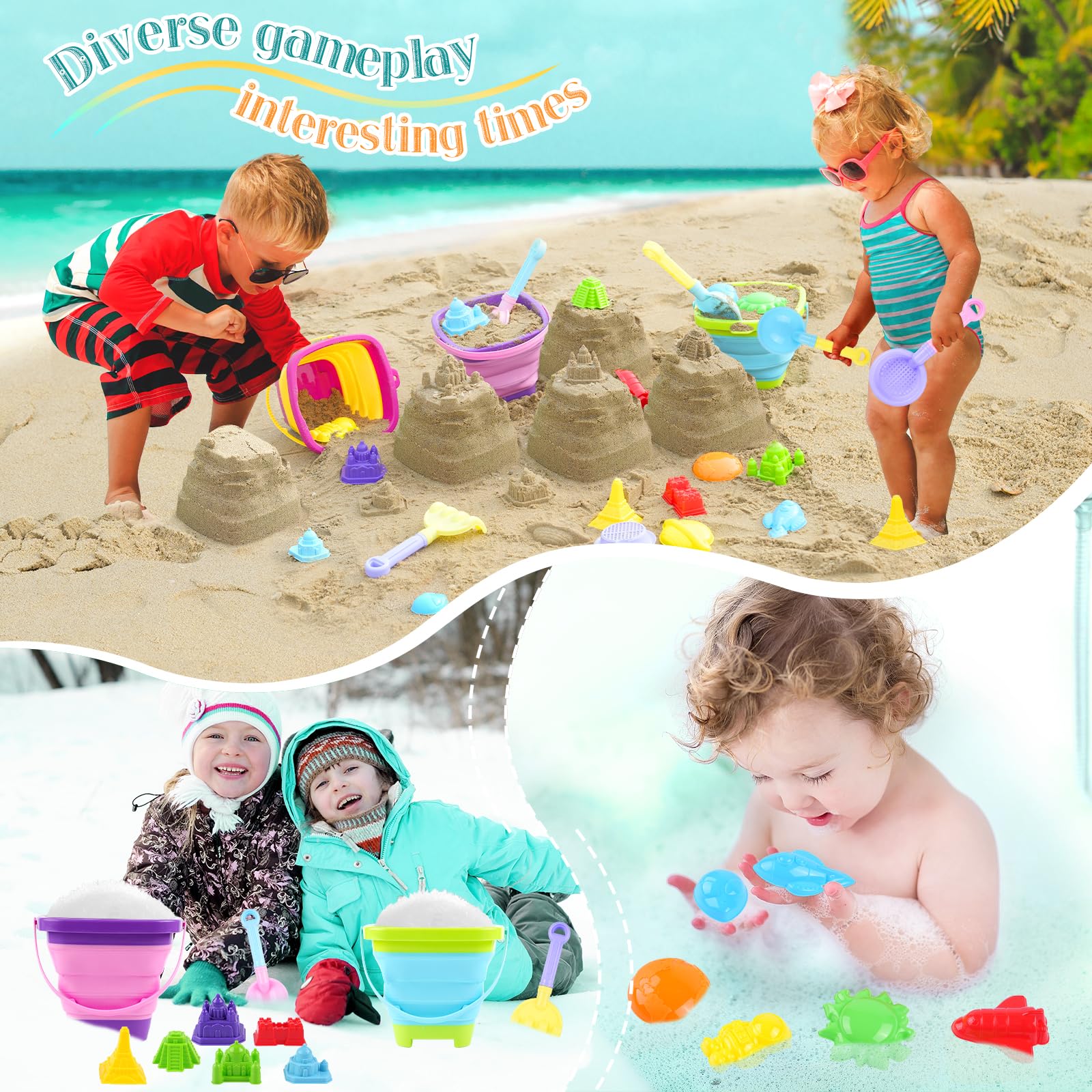 21 PCS Kids Beach Toys Set with Collapsible Buckets, Shovels & Sand Molds - Sand Castle Kit for Toddlers Boys & Girls - Perfect for Beach Travel, Sandbox Play & Outdoor Summer Activities
