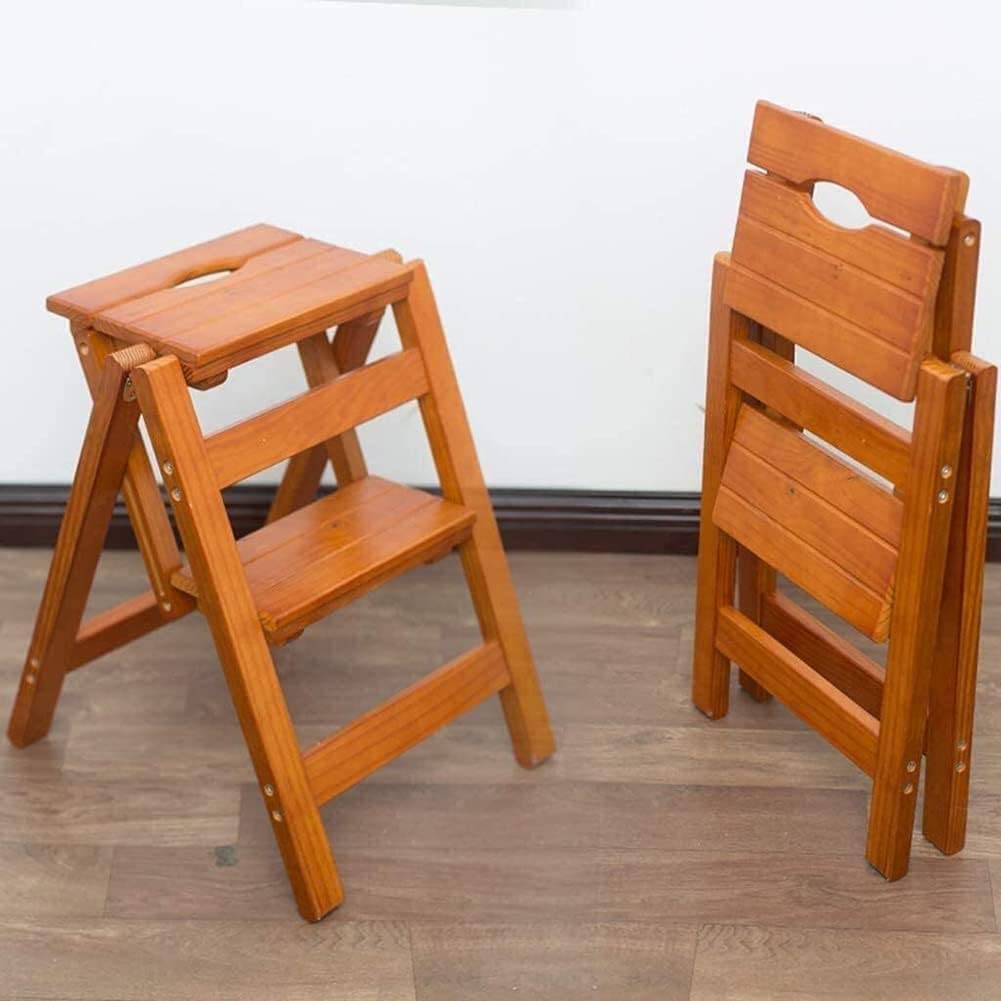 Solid Wood Folding Step Stool Ladder - Multi-Functional Foldable Stepladder for Home, Kitchen, Bathroom & Storage - Sturdy & Compact Brown Wooden Stool (Household, DIY, Decor)
