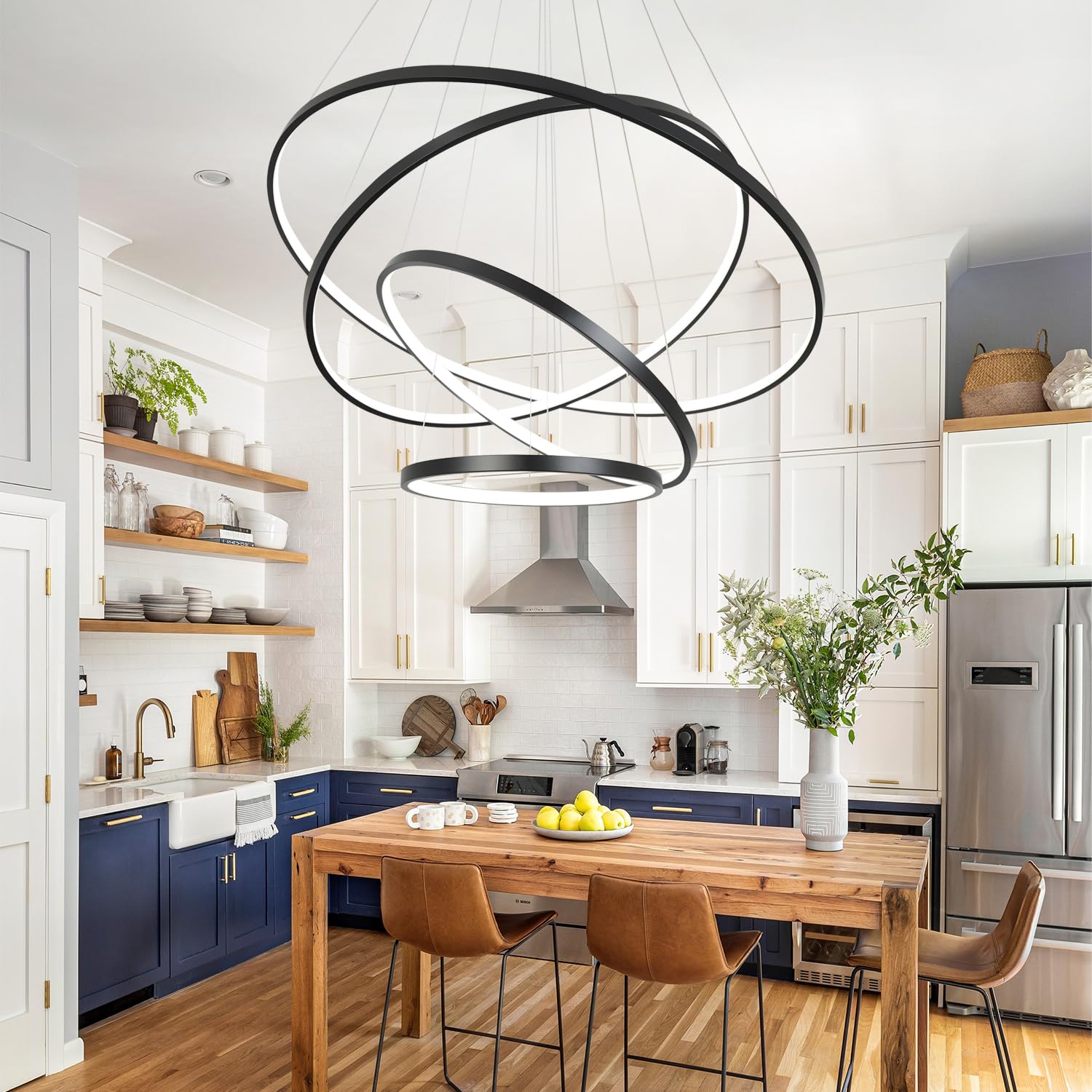 Modern LED Chandelier Lighting - Dimmable 4-Ring Ceiling Light Fixture in Cool White & Black for Dining Room, Living Room, Foyer, Bedroom | Contemporary Pendant Light for Home Decor & Ambient Lighting