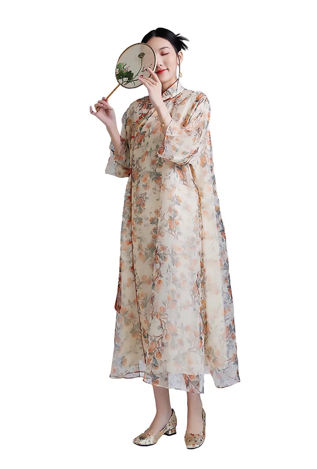 Elegant Floral Printed Silk Qipao Dress for Women - Loose Fit Modified Cheongsam | Perfect for Weddings, Parties & Special Occasions (Style 2587)