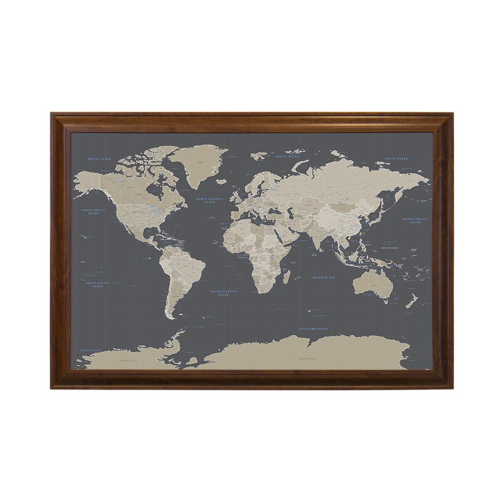 Custom Push Pin Travel Map - Handmade World Map Wall Art with 150 Pins, Earth Tones & Brown Wood Frame (27.5