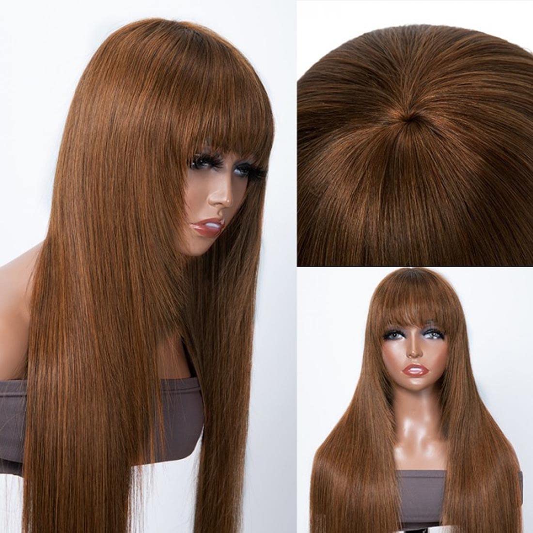 Beauty Forever #4 Chocolate Brown Straight Human Hair Wig with Bangs - 20 Inch Glueless Machine Made Full Wig, 150% Density, Affordable Layered Cut for Natural Look | Perfect for Cosplay, Daily Wear, and Fashion Styling