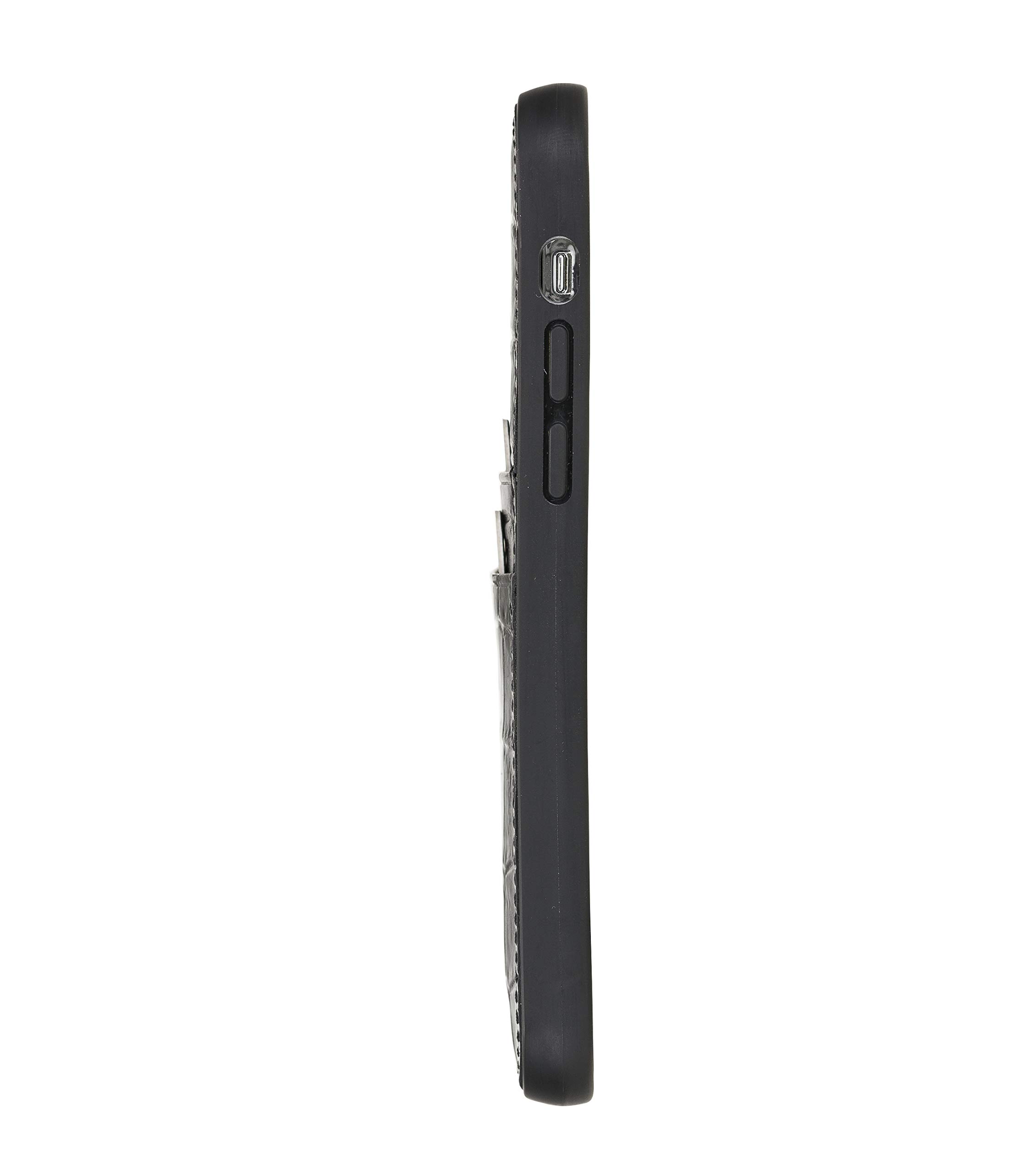 Venito Capri Genuine Leather Wallet Case for iPhone 12 Mini (5.4 Inch) - RFID Blocking Credit Card Holder with Padded Back Cover - Black Crocodile Design - Perfect for Everyday Use & Travel Protection