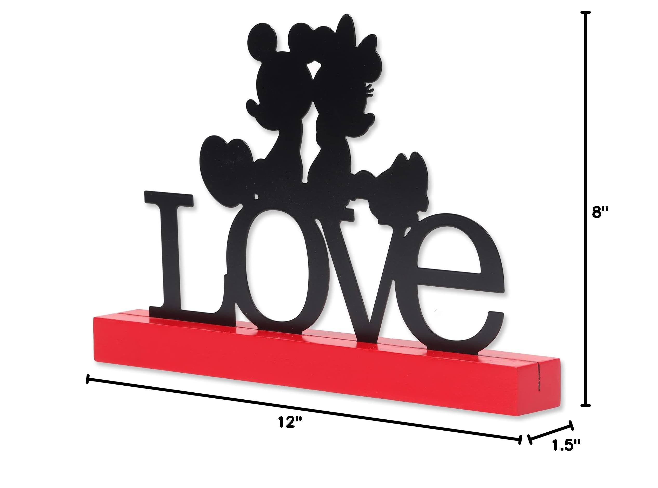 Disney Mickey Mouse and Minnie Mouse Love Metal Tabletop Decor - Back to Back Silhouette Figurine on Red Wood Base - Perfect for Valentine's Day Gifts, Home Decor, and Disney Fan Collections