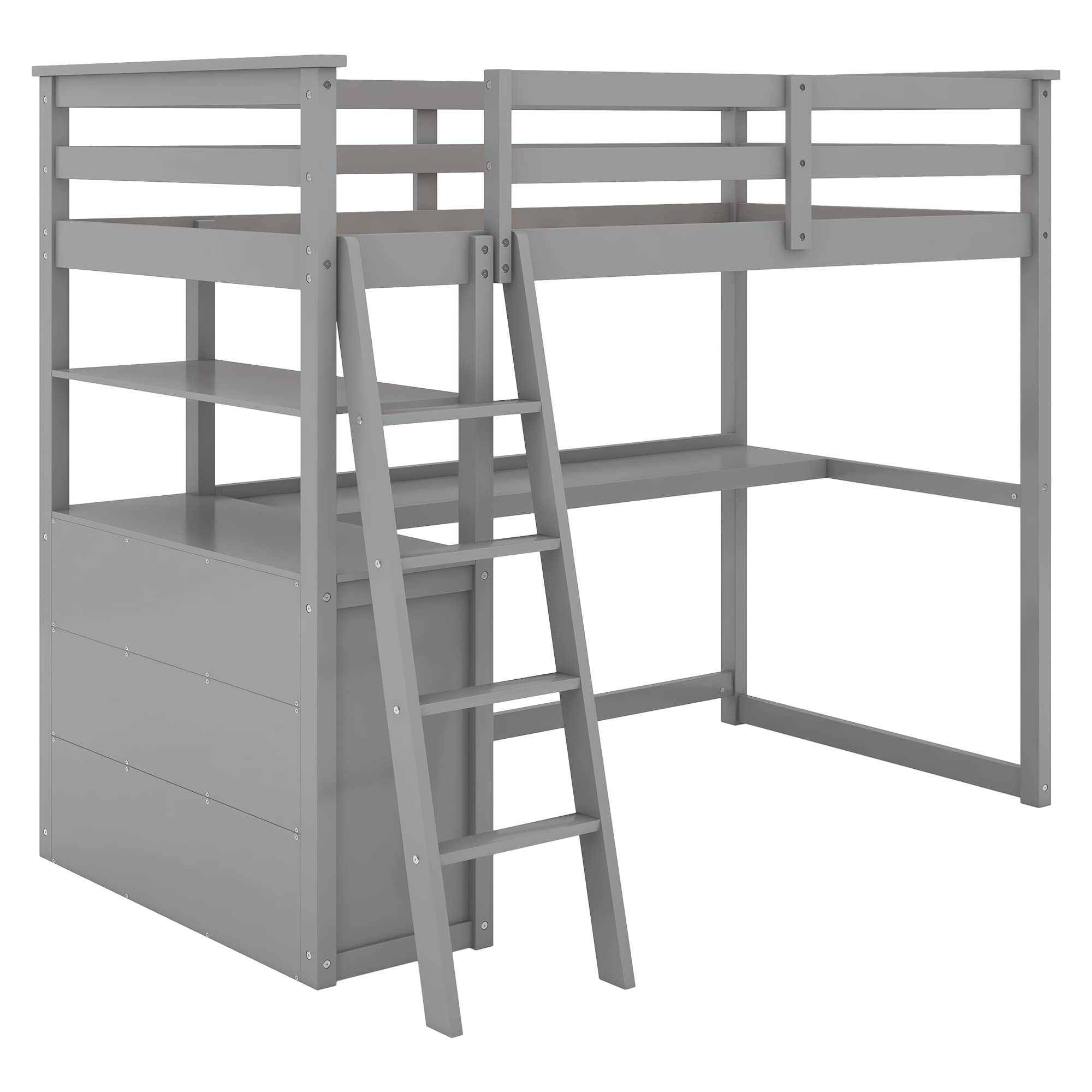 **SOFTSEA Twin Size Loft Bed with Built-in Desk & Drawers - Solid Wood High Loft Bed with Storage Shelves - Multifunctional Space-Saving Bed for Kids, Teens, Boys & Girls - Grey - Perfect for Small Bedrooms, Dorms & Apartments**