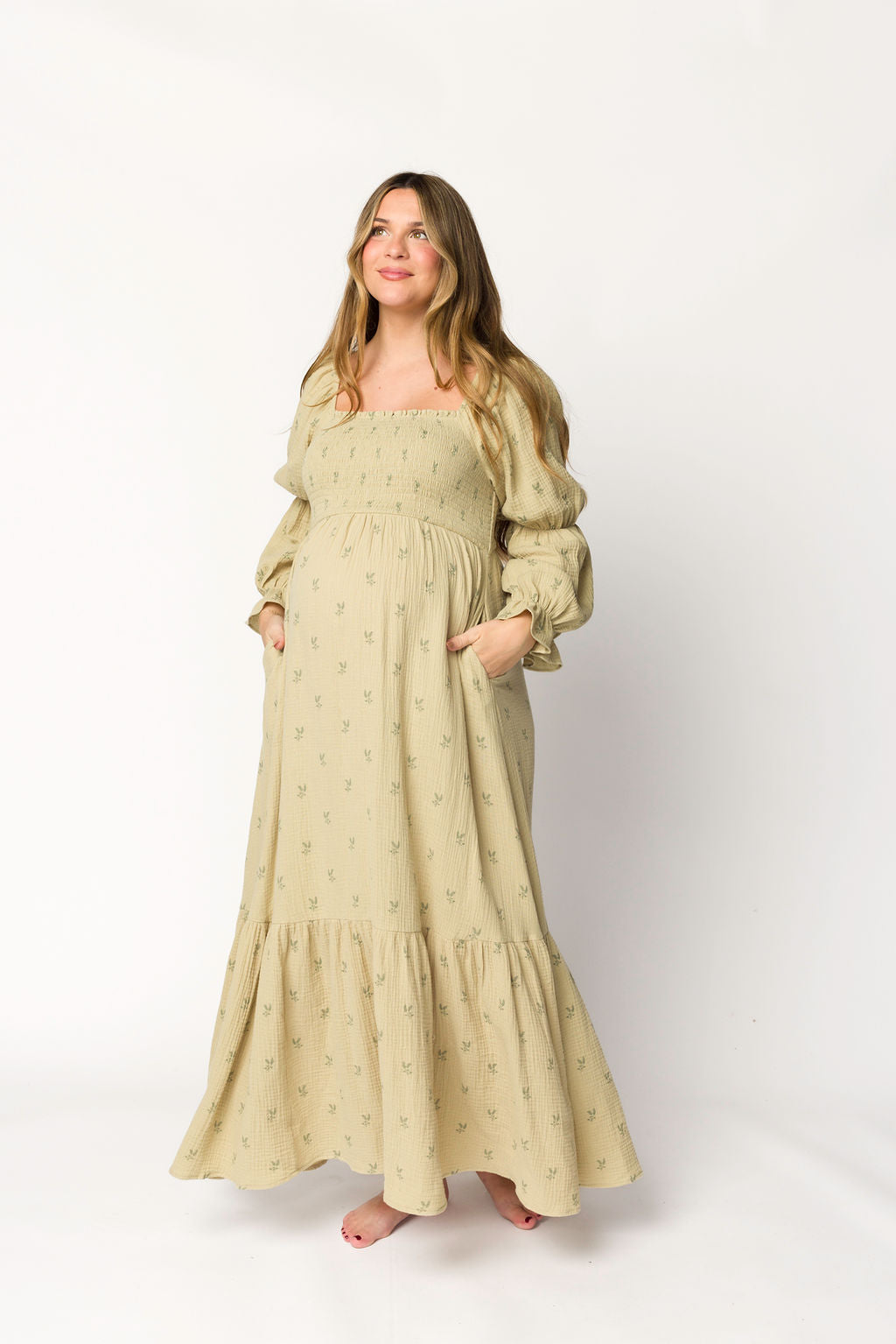 Emerson 100% Cotton Gauze Maxi Dress in Thyme - Bump Friendly Maternity Dress for Pregnancy, Nursing & Postpartum | Comfortable Summer Boho Dress for Beach, Vacation & Casual Wear