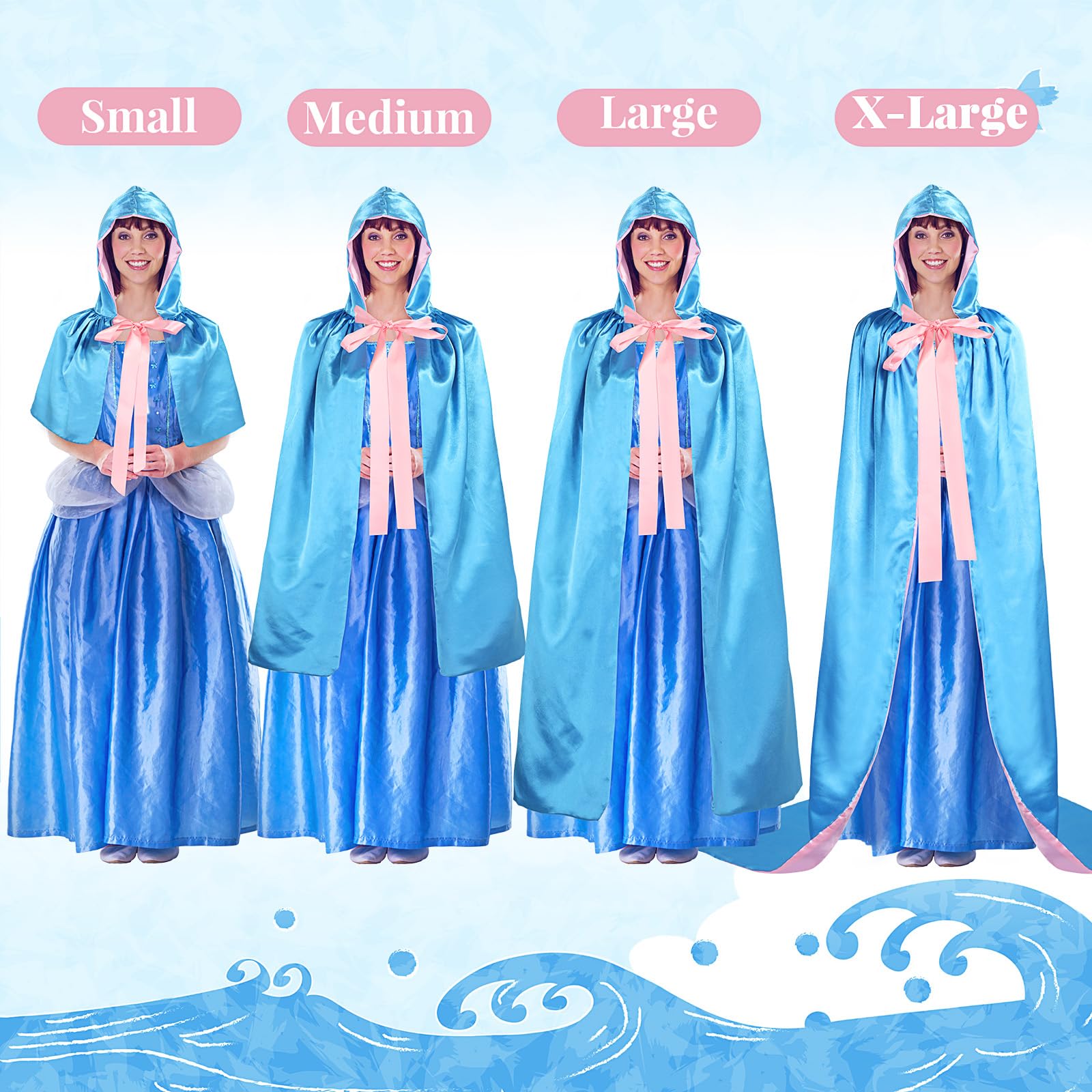 Blue Fairy Hooded Cloak Costume for Women - Polyester Cape with Pink Ribbon | Princess Cosplay, Renaissance Fair, Halloween Dress Up, Fantasy Costume Party
