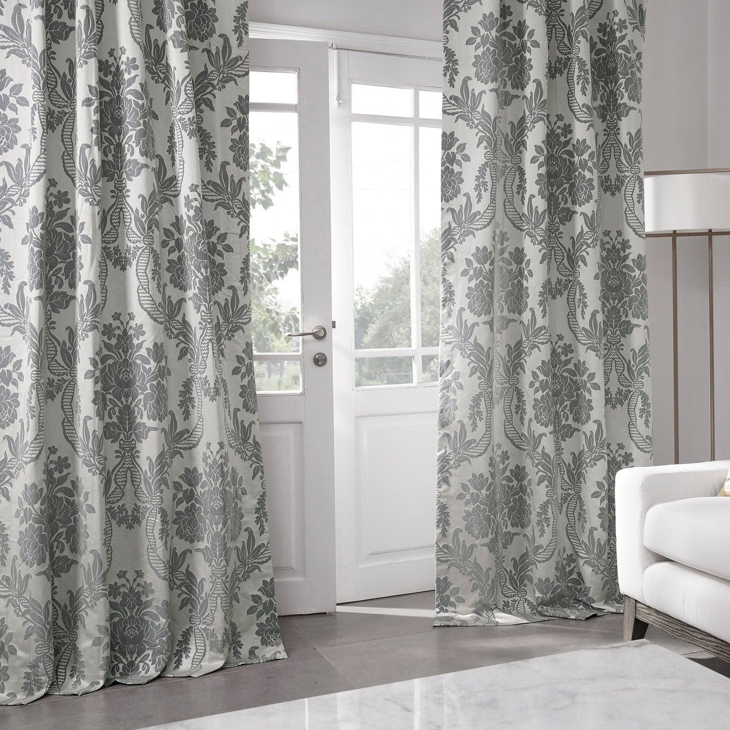 Magdelena Silver & Blue Damask Jacquard Custom Curtains - Faux Silk Luxury Window Drapes for Living Room & Bedroom Decor
