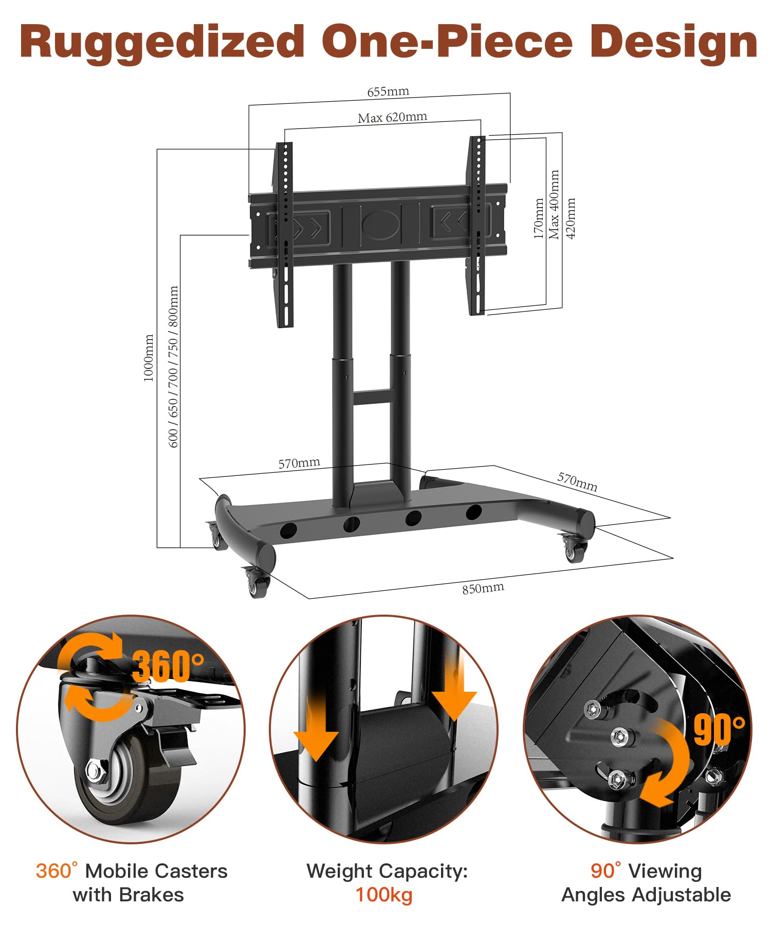 Adjustable Rolling TV Stand for 32-75 Inch Flat Screen TVs - Mobile Floor TV Cart with Wheels, Low Profile Design, Height & 90° Viewing Angle Adjustment, Supports VESA 600x400mm & 100lbs - Perfect for Living Rooms, Bedrooms, and Home Theaters