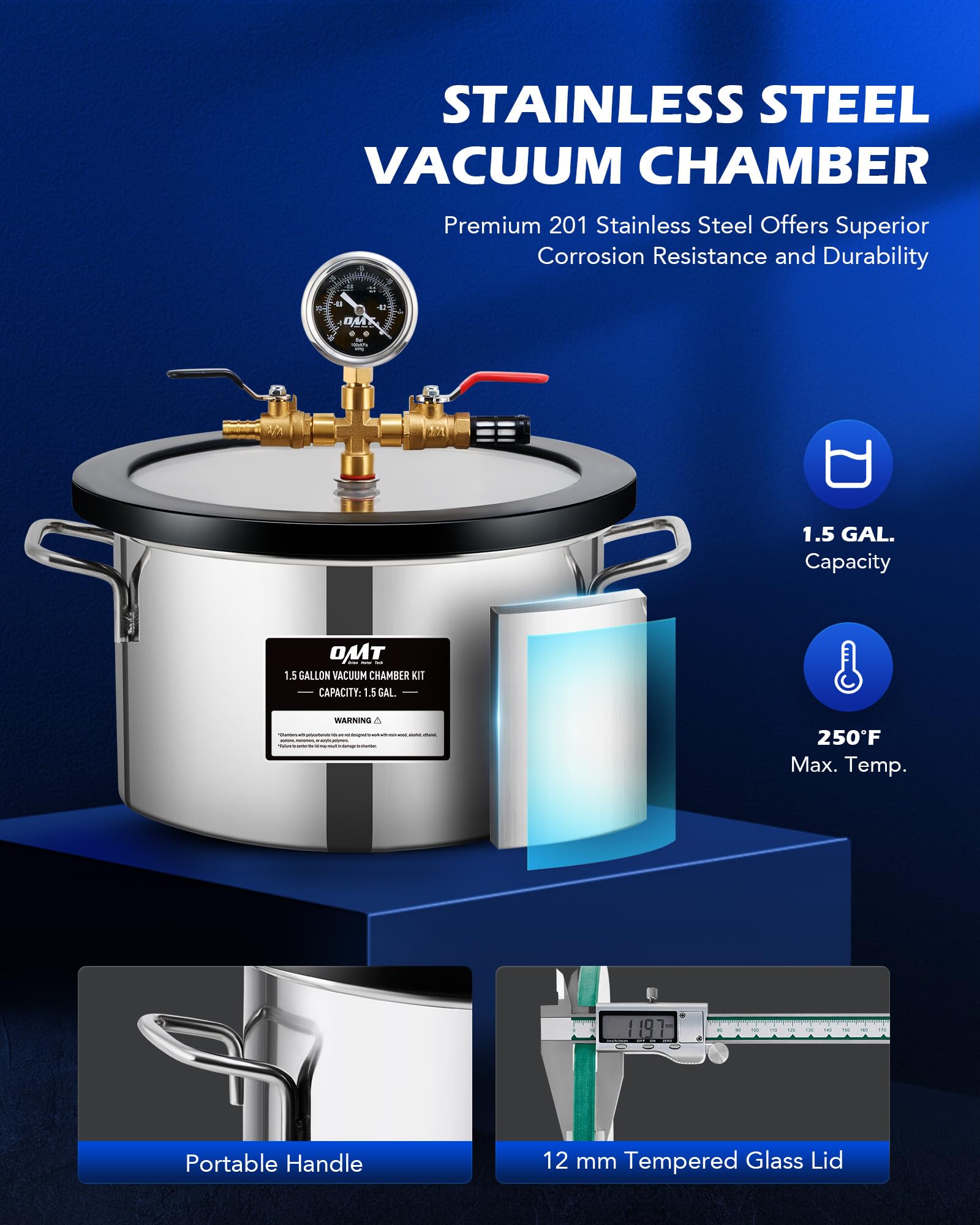 Orion Motor Tech 1.5 Gallon Vacuum Chamber Kit with 3.5 CFM Pump, Tempered Glass Lid & 5ft Hose - Professional Vacuum Degassing System for Wood Stabilization, Silicone Resin Casting, Epoxy Bubbles Removal - Ideal for DIY Crafts, Jewelry Making & Industrial Applications