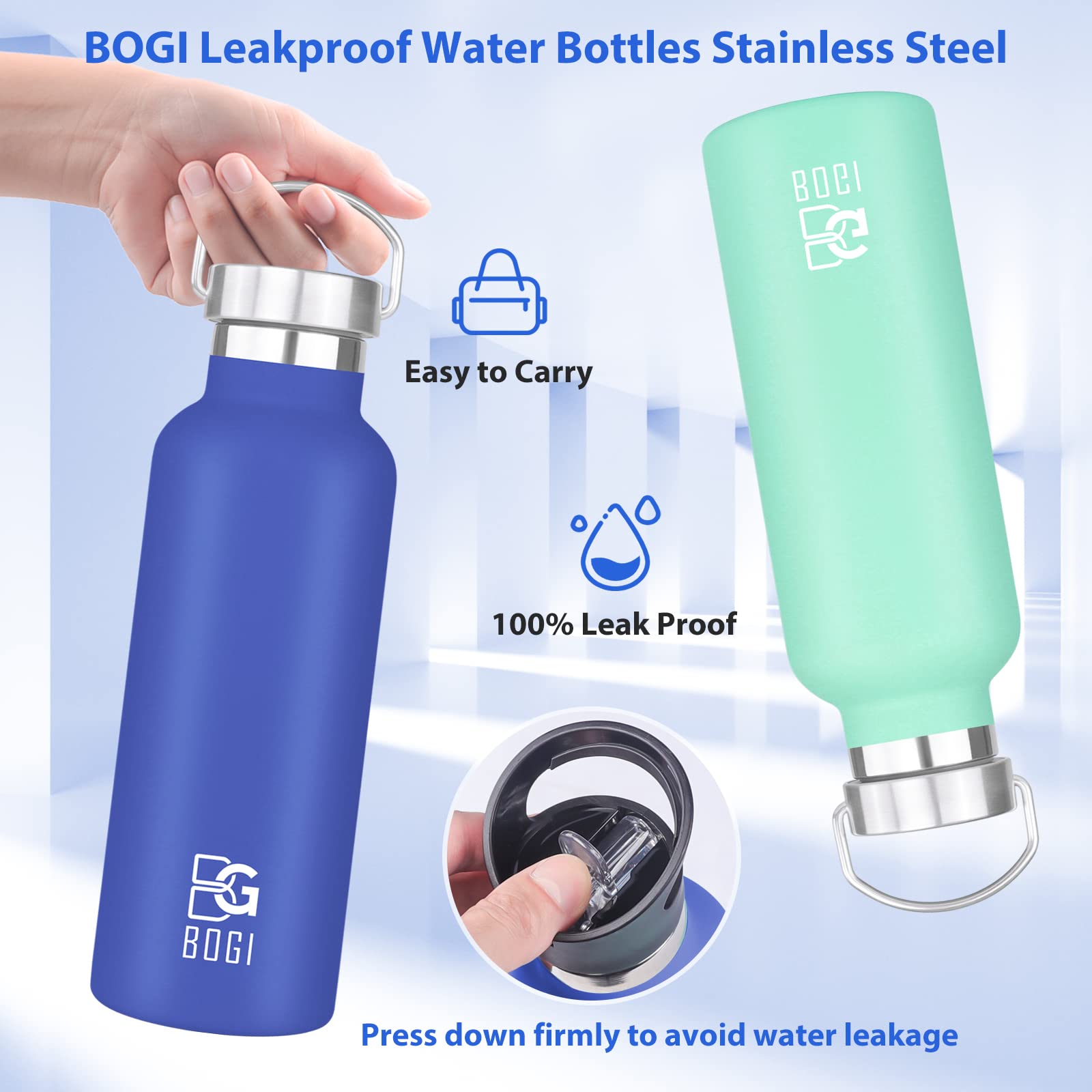 BOGI 20oz Insulated Stainless Steel Water Bottle 2 Pack - Leakproof Wide Mouth Metal Bottle with Straw & Handle, BPA Free - Perfect for School, Gym, Hiking, Camping & Outdoor Activities