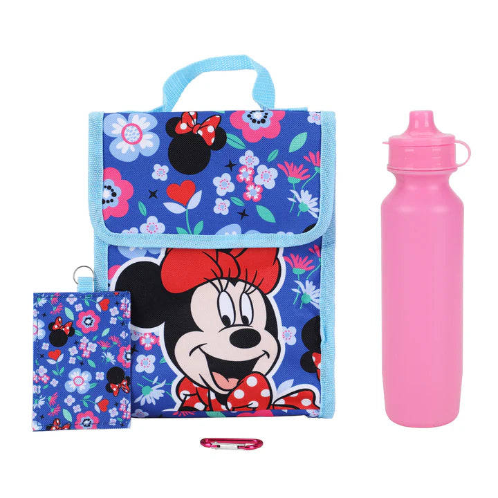Minnie Mouse Floral Print Kids 16-Inch Backpack with Matching Lunch Box 5-Piece Set - Perfect for School, Travel & Disney Theme Parties