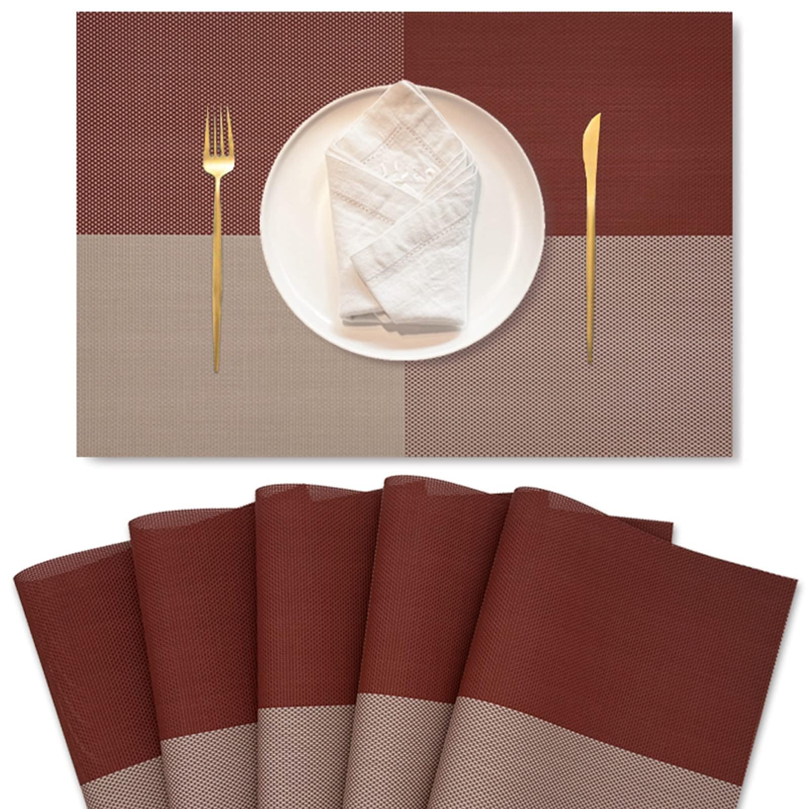 6-Pack PVC Heat-Resistant Placemats Set | Double-Sided Washable Table Mats for Kitchen & Dining | Easy to Clean & Durable | Perfect for Home, Restaurant & Office Use (Dark Red)