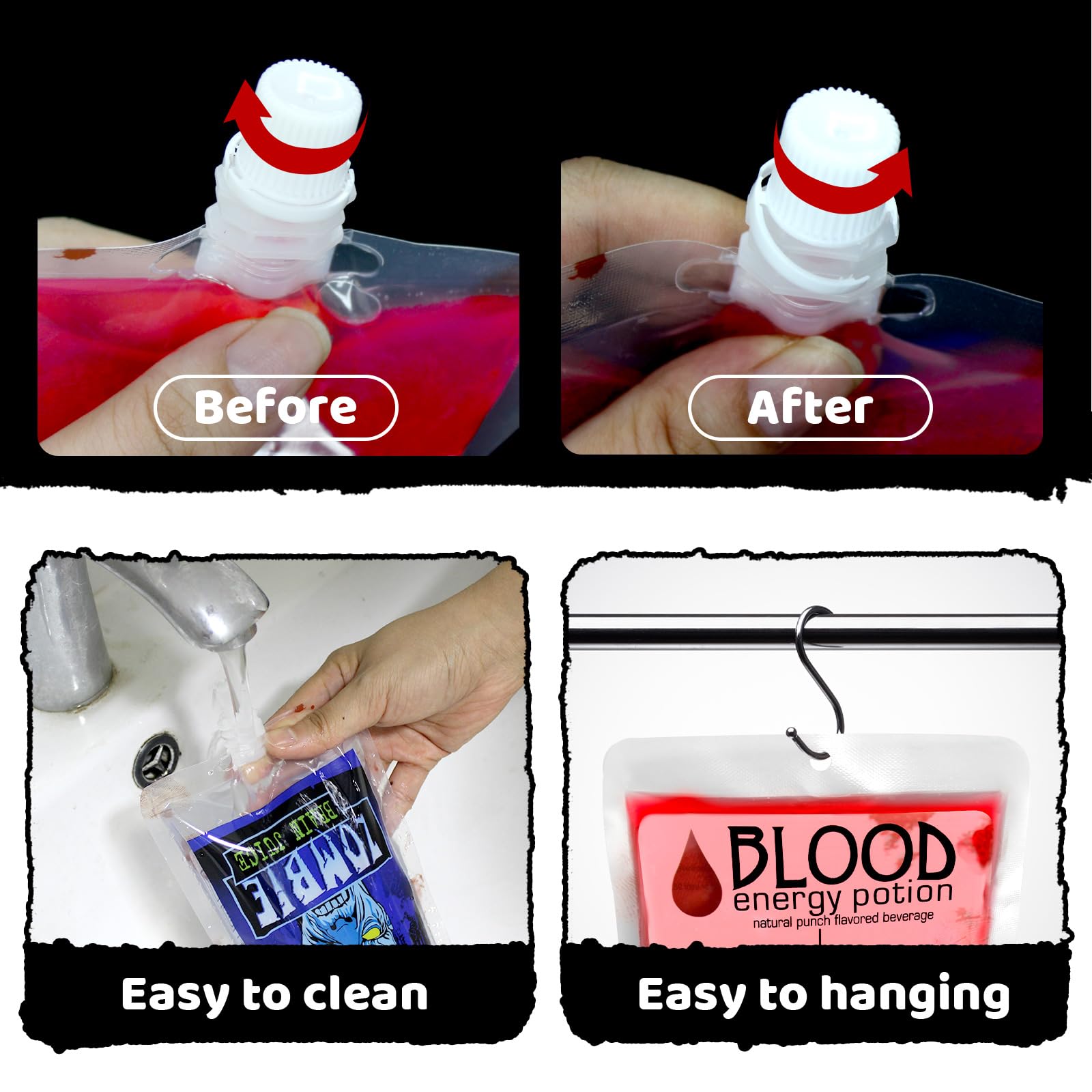 24 Pack Halloween Blood Bags Party Supplies - Hifunwu Fake Blood IV Bags for Halloween Decorations, Haunted House Props, and Horror Movie Costume Accessories