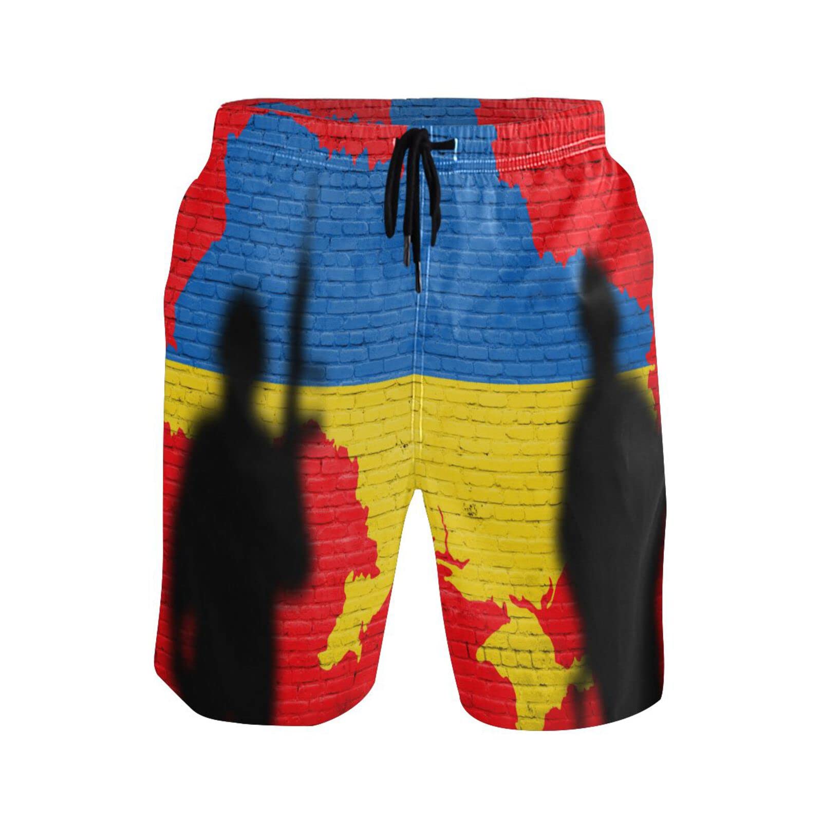 Men's Quick Dry Swim Trunks - Ukraine Flag Design with Brick Wall & Soldiers Print - Summer Beach Bathing Suits for Swimming, Surfing & Pool Parties