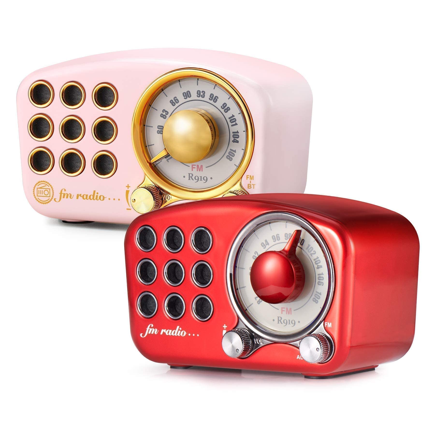 Vintage Retro Bluetooth Speaker with FM Radio - Classic Old Fashioned Style, Enhanced Bass, Loud Volume, Bluetooth 4.2 Wireless, TF Card & MP3 Player (Pink+Red) - Perfect for Home Decor, Outdoor Picnics & Vintage Lovers