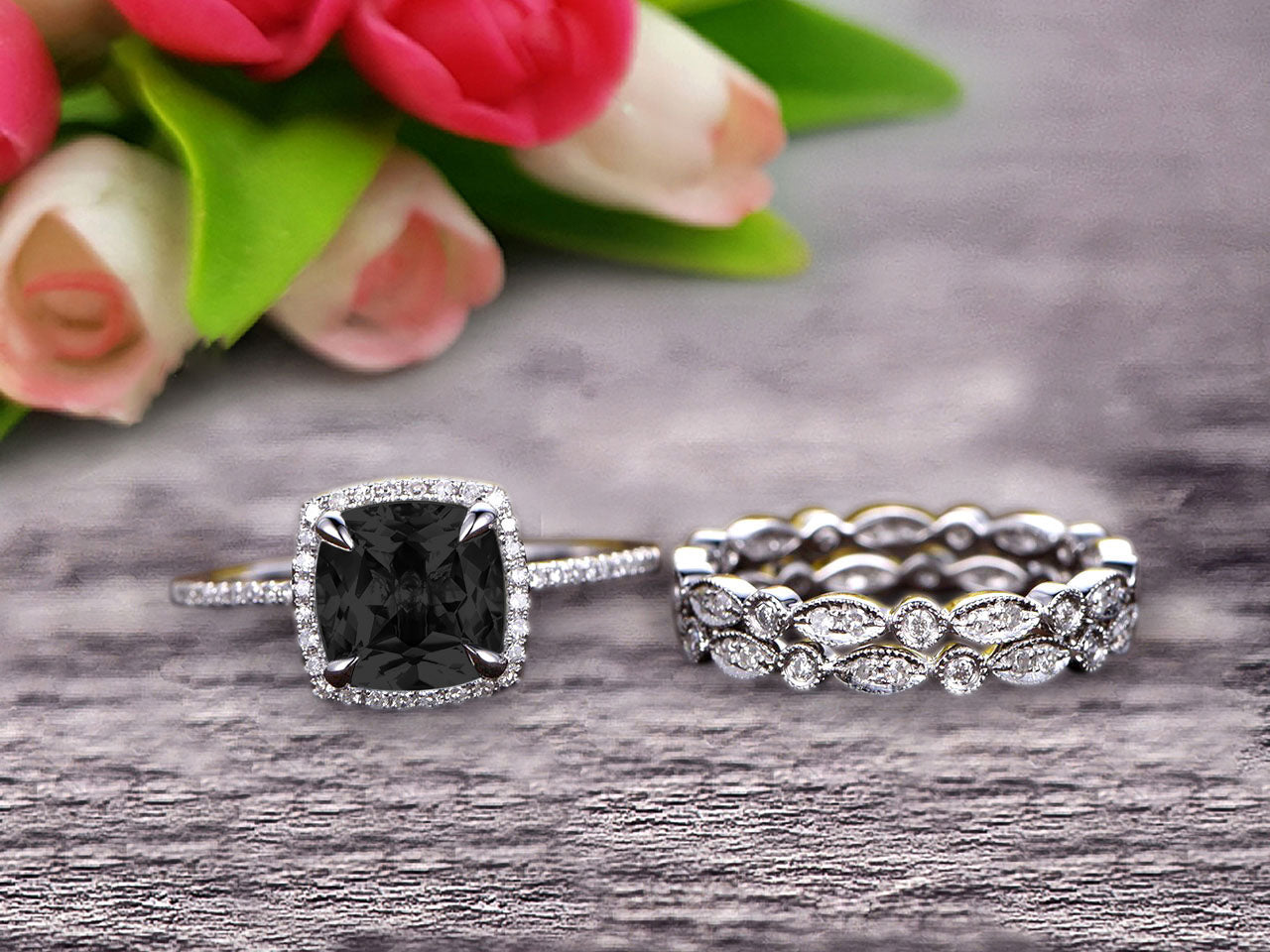 2 Carat Cushion Cut Black Diamond Moissanite Engagement Ring & Wedding Band Set in 10k White Gold, Art Deco Style Full Eternity Bridal Set - Perfect for Proposals, Anniversaries & Special Occasions