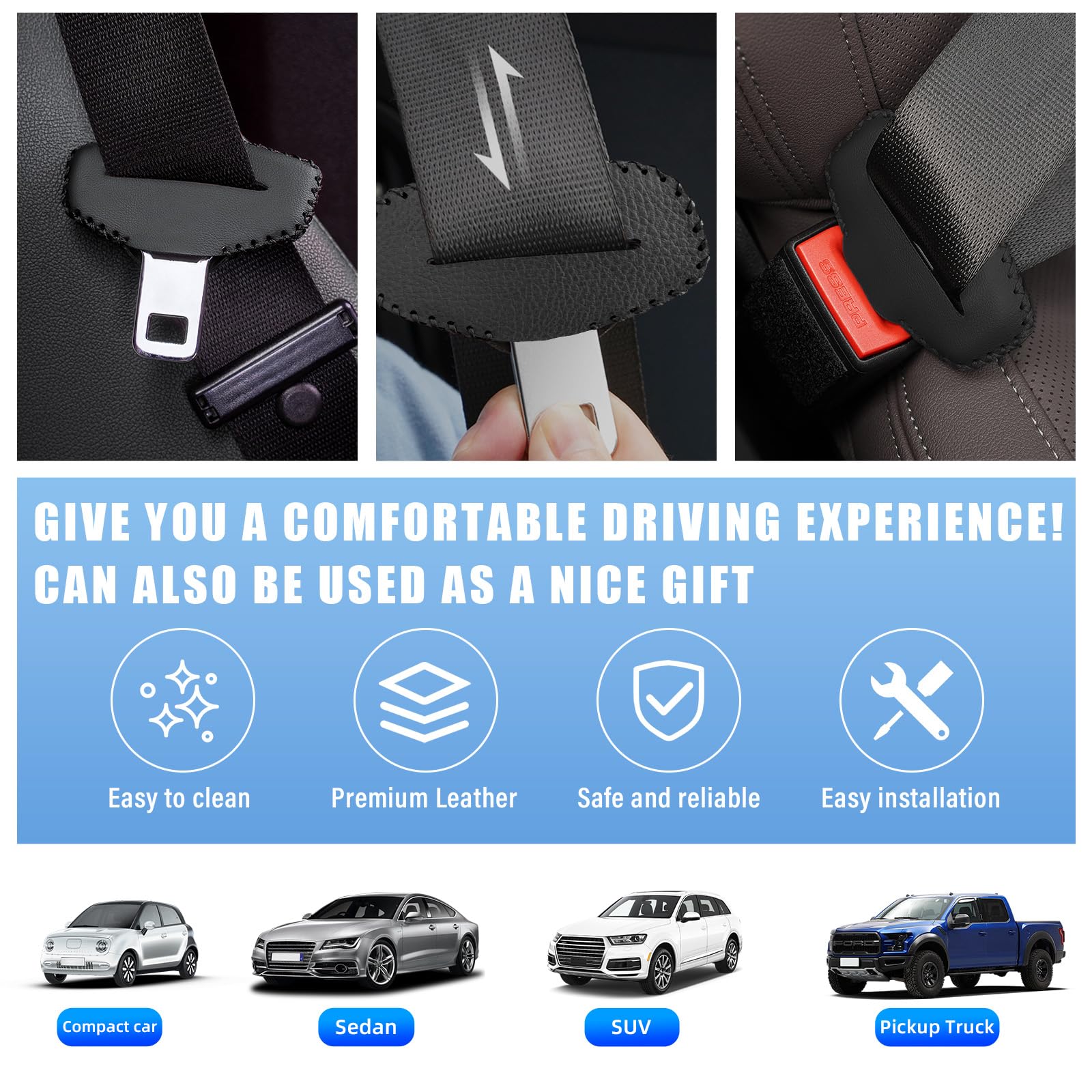 Augeny 2PCS Universal Leather Seat Belt Buckle Cover - Anti-Scratch Car Seat Belt Silencer Clip Protector for Most Vehicles - Black Interior Decor Accessories (Perfect for Road Trips & Daily Commute)