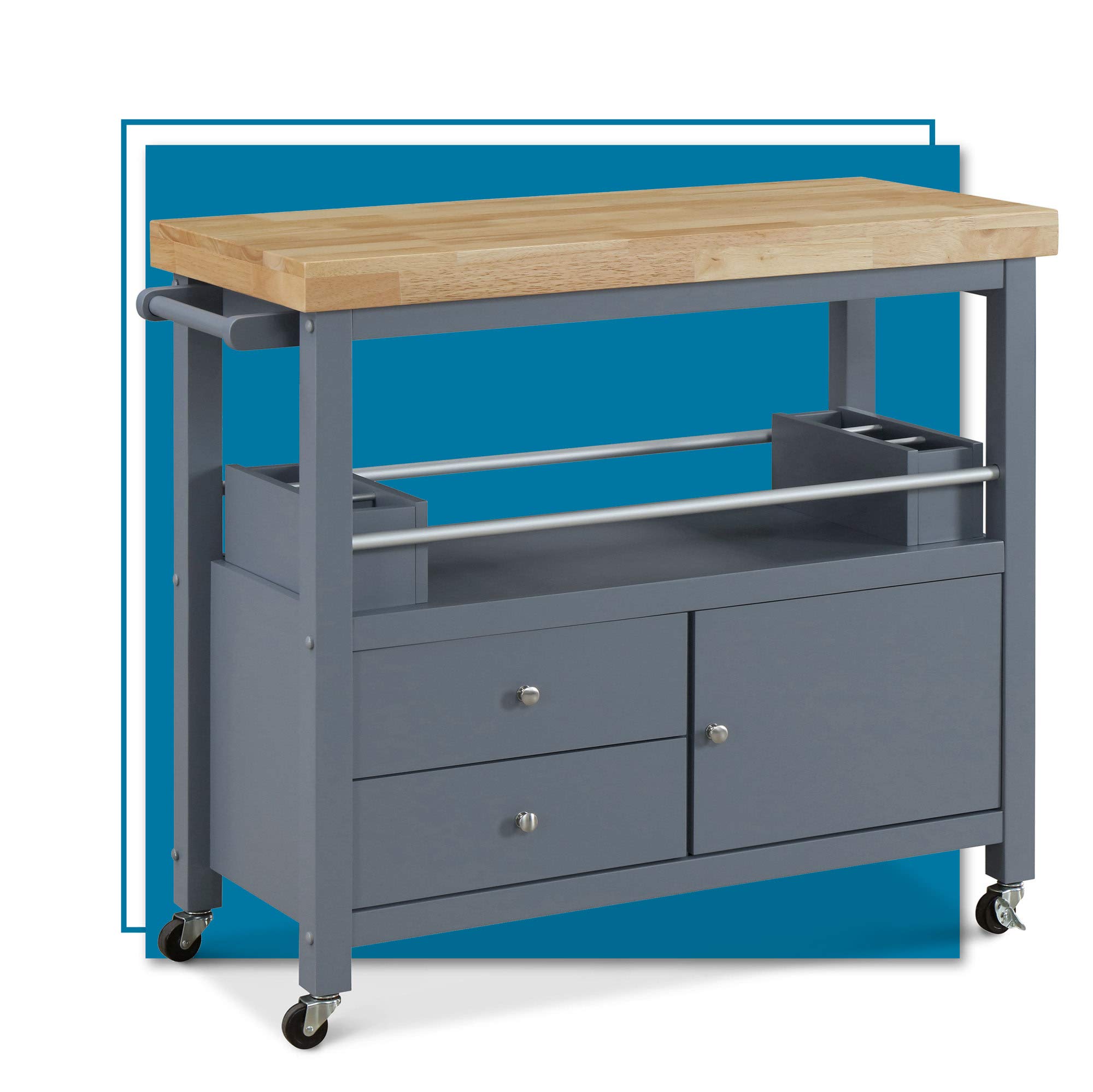 ClickDecor Anson Kitchen Island Bar Cart with Storage - Butcher Block Table on Wheels, Portable Cabinet Organizer for Small Spaces, Home & Apartment Essentials - Gray | Perfect for Kitchen, Dining Room & Entertaining