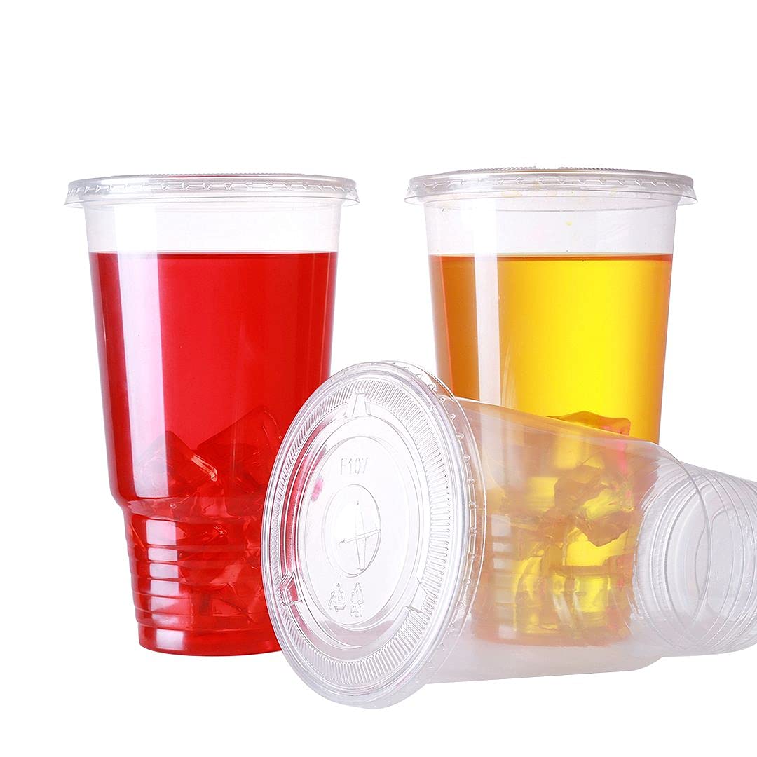 Kartalio 32 oz Clear Disposable Plastic Cups with Flat Lids - 50 Sets - Perfect for Parties, Picnics, and Outdoor Events